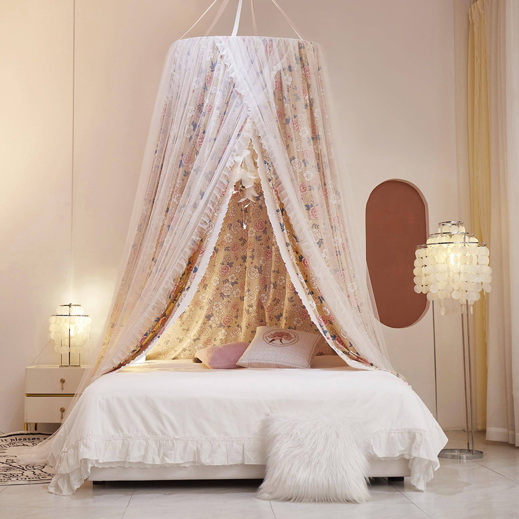 Alt View 3. Paradigms Interiors - Double Layer Princess Round Dome Bed Curtain For Adults Dreamy Mosquito Net Cute Bedroom Decoration Castle Pla - Gray Flowers/White.