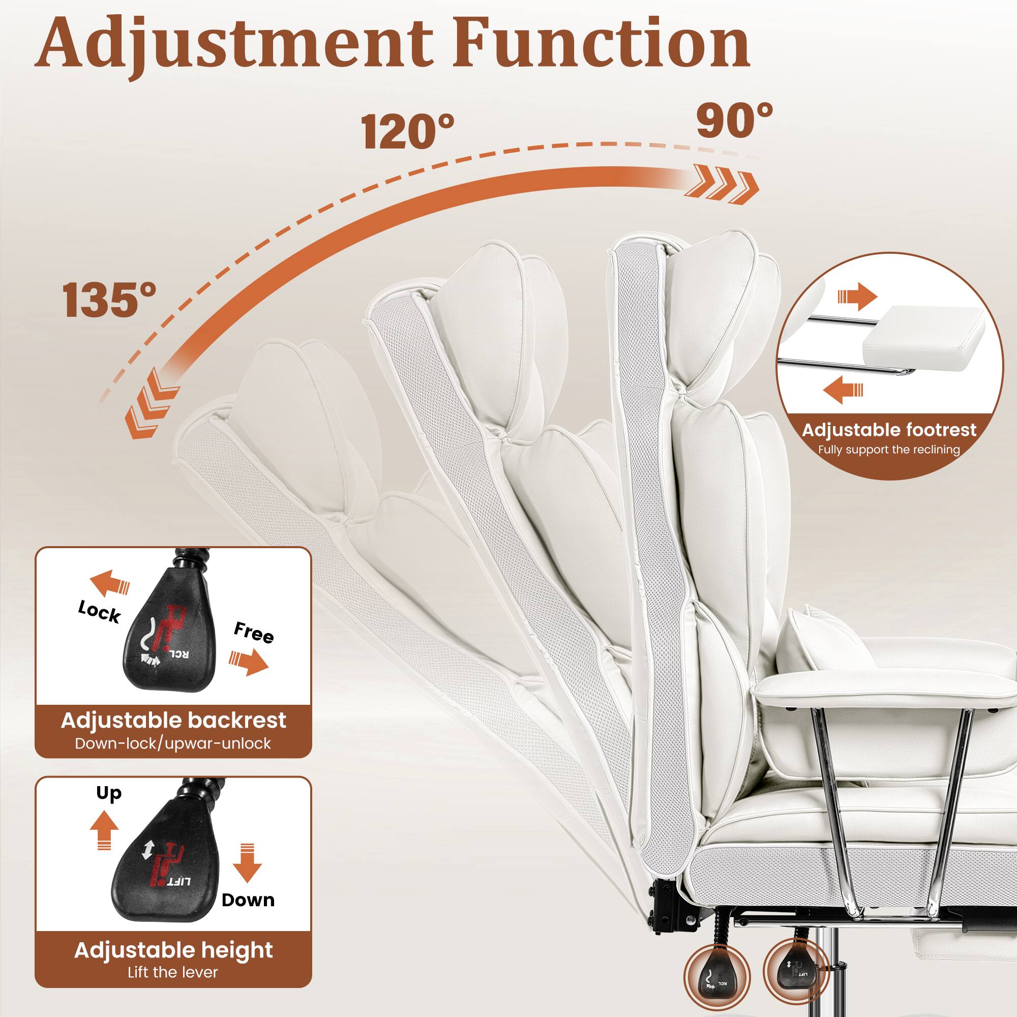 Adjustment Function

120° 90° 135°

Adjustable footrest  
Fully support the reclining

Adjustable backrest  
Down-lock/upwar-unlock

Adjustable height  
Lift the lever