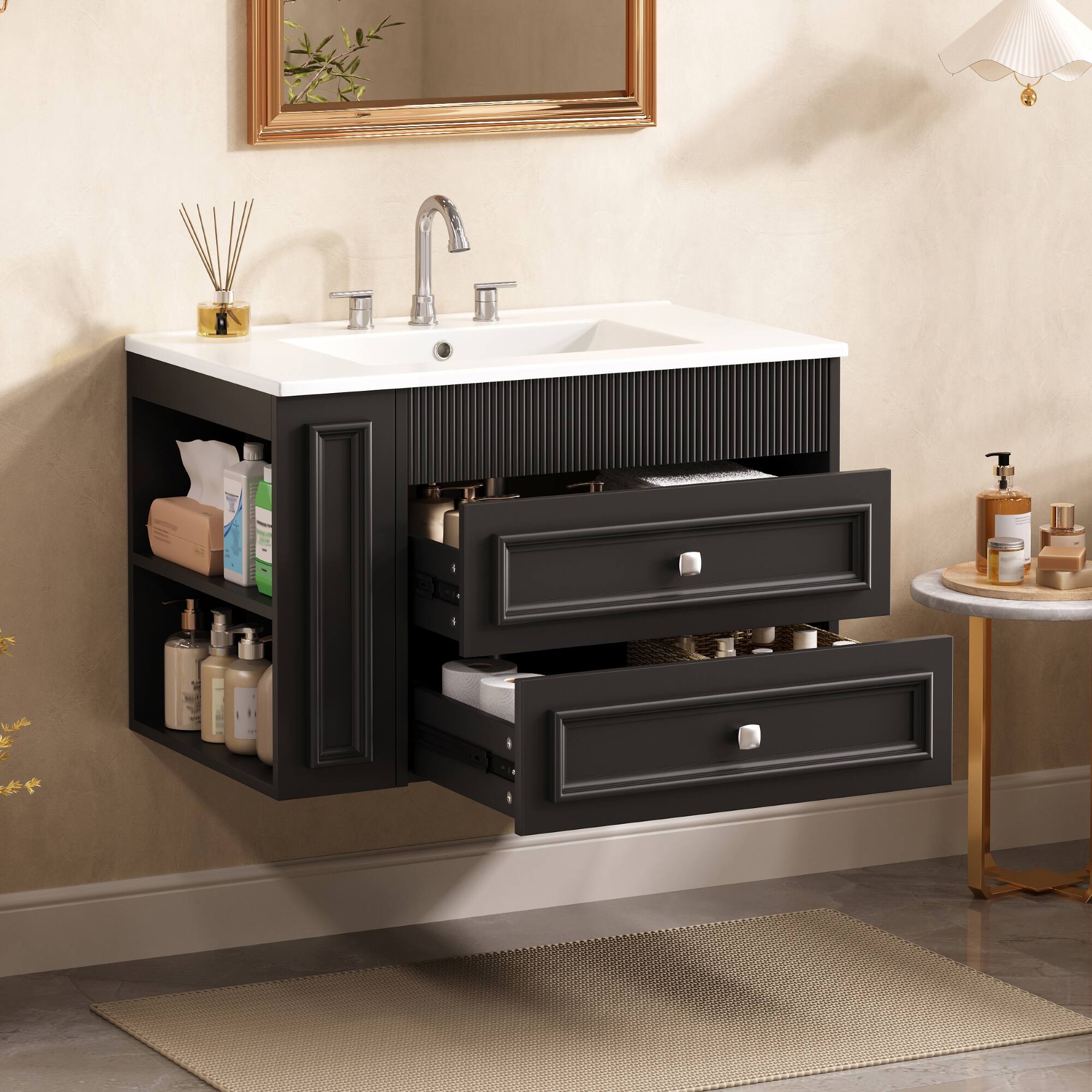 Alt View 8. Glintex - 30" Wall Mounted Bathroom Vanity with Sink, Floating Storage Cabinet, 2 Drawers, 3-Hole Single Ceramic Basin - Black.