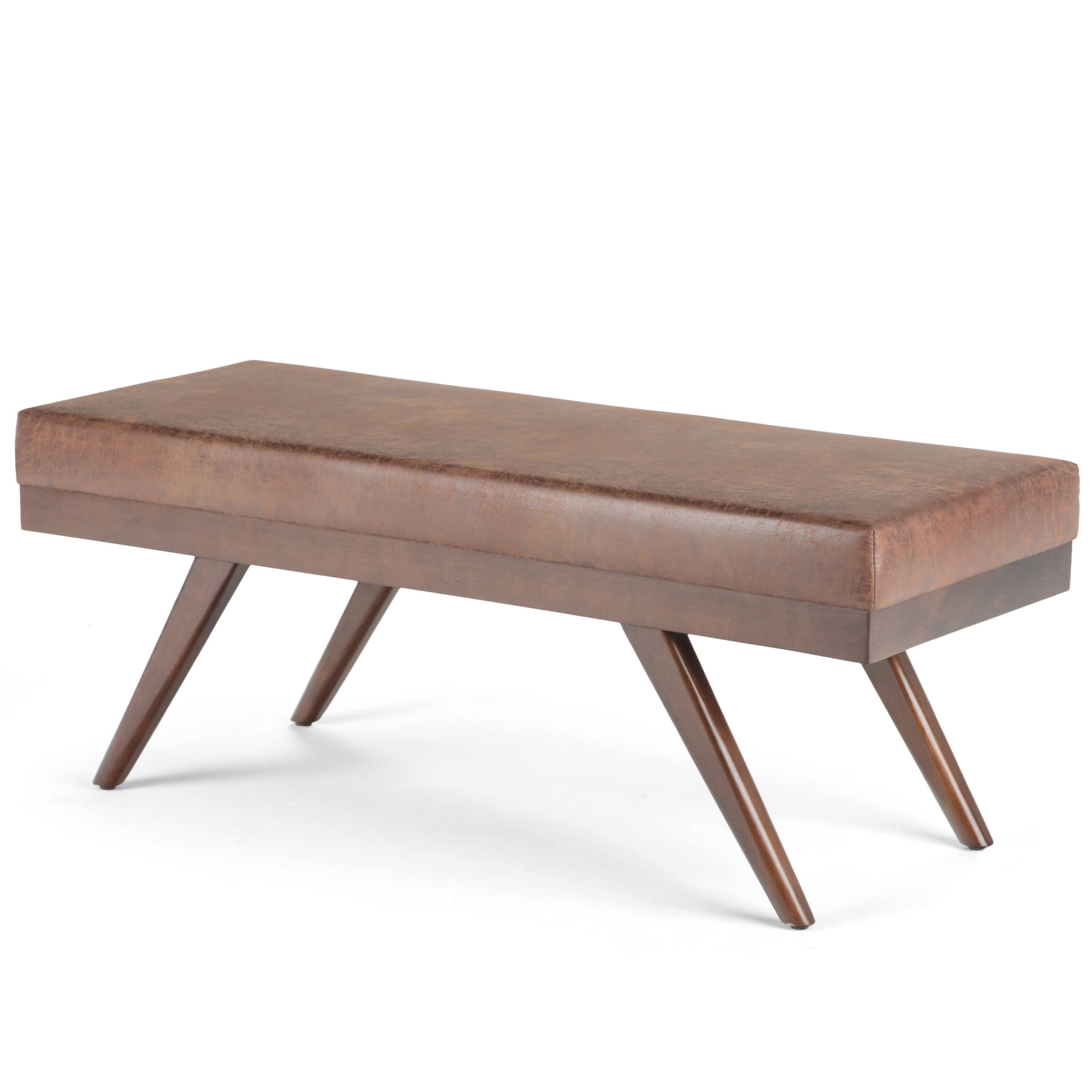 Angle. Simpli Home - Chanelle Mid Century Ottoman Bench - Distressed Umber Brown.
