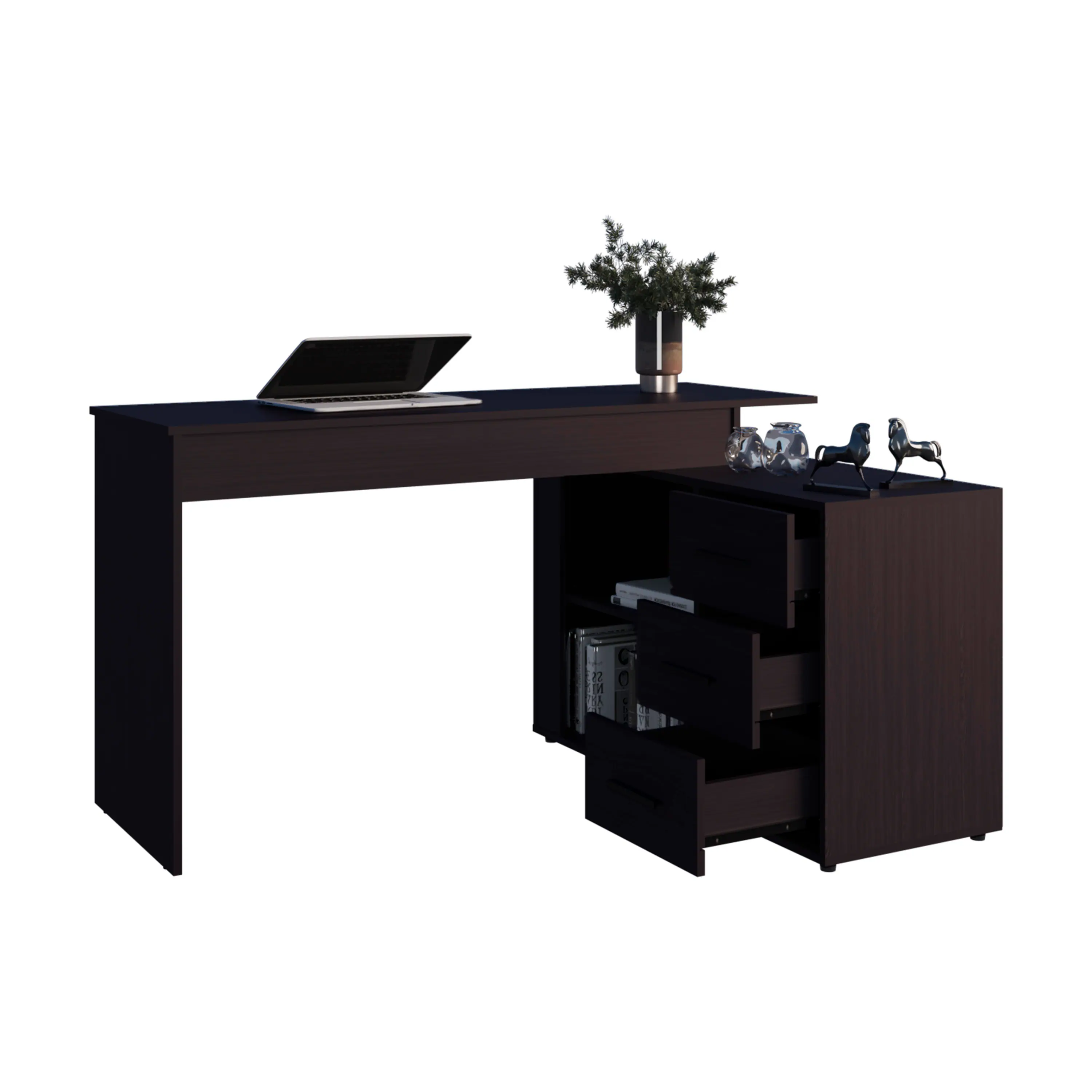 Alt View 2. Spaco - L-Shaped Desk, Open Storage Shelf, Corner Space Saving, Dual Workspace - Black.