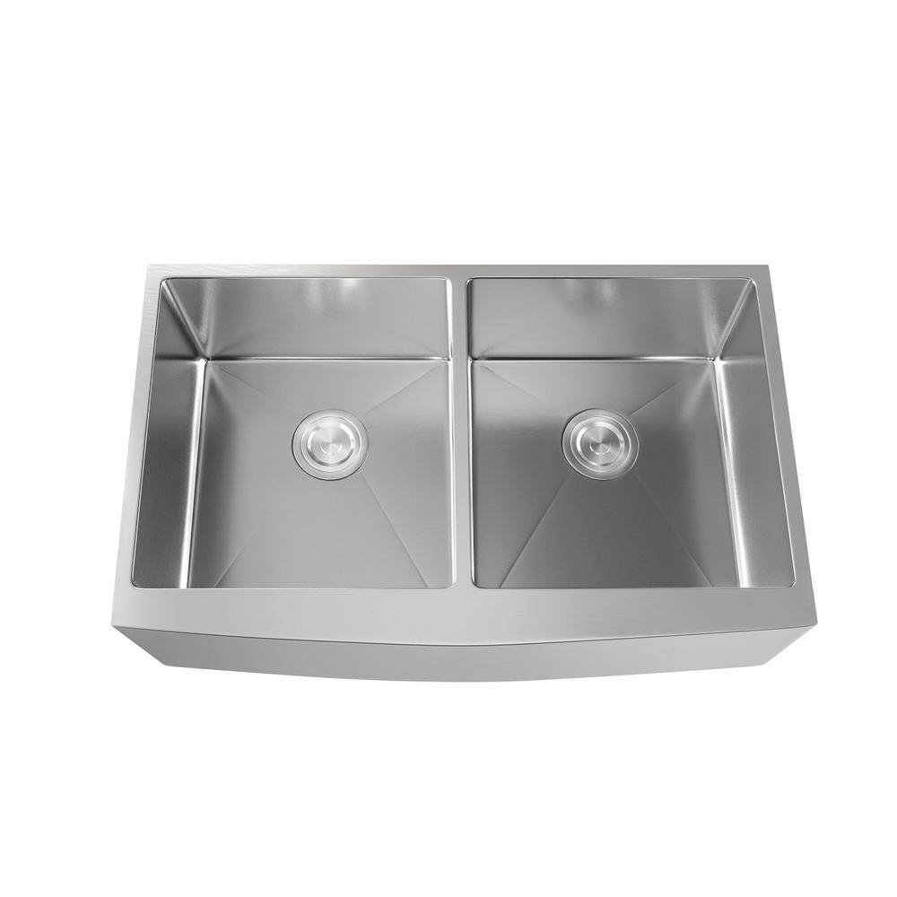 Left. Elegant Kitchen and Bath - Stainless Steel farmhouse kitchen double sink L33'' x W21'' x H10" - Stainless Steel.