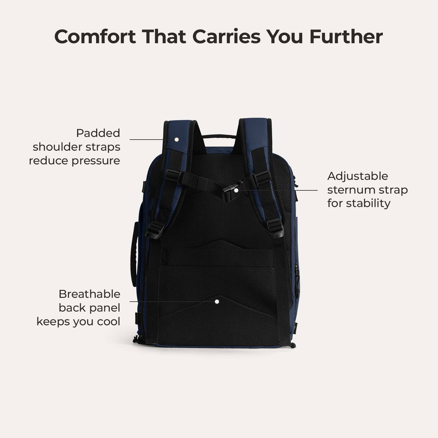 Comfort That Carries You Further

- Padded shoulder straps reduce pressure
- Adjustable sternum strap for stability
- Breathable back panel keeps you cool