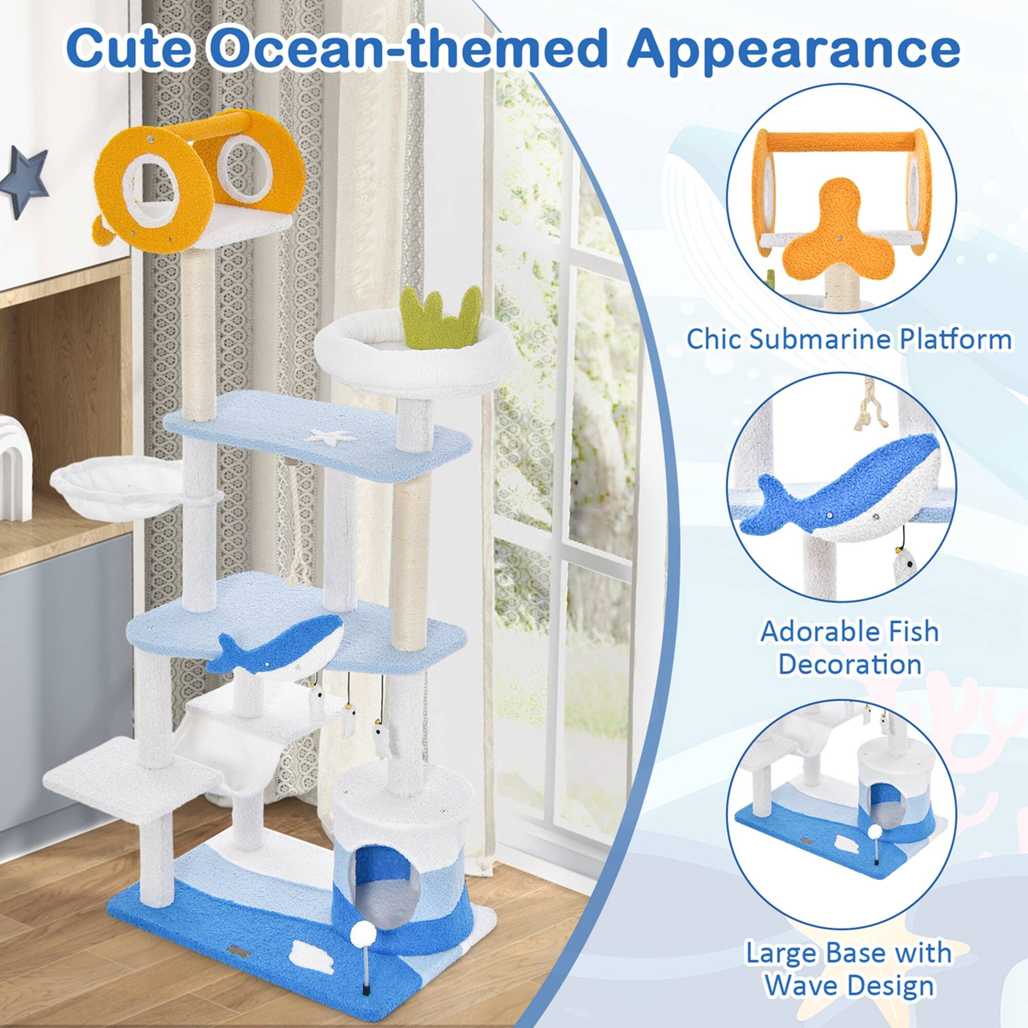 Cute Ocean-themed Appearance
Chic Submarine Platform
Adorable Fish Decoration
Large Base with Wave Design