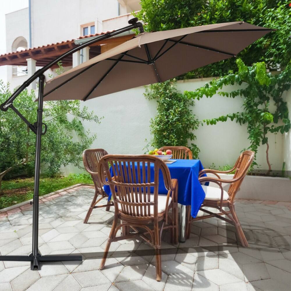 Left. Mondawe - 10 Feet Solar Powered LED Patio Offset Umbrella 360° Rotation (Base not includ) - Tan.