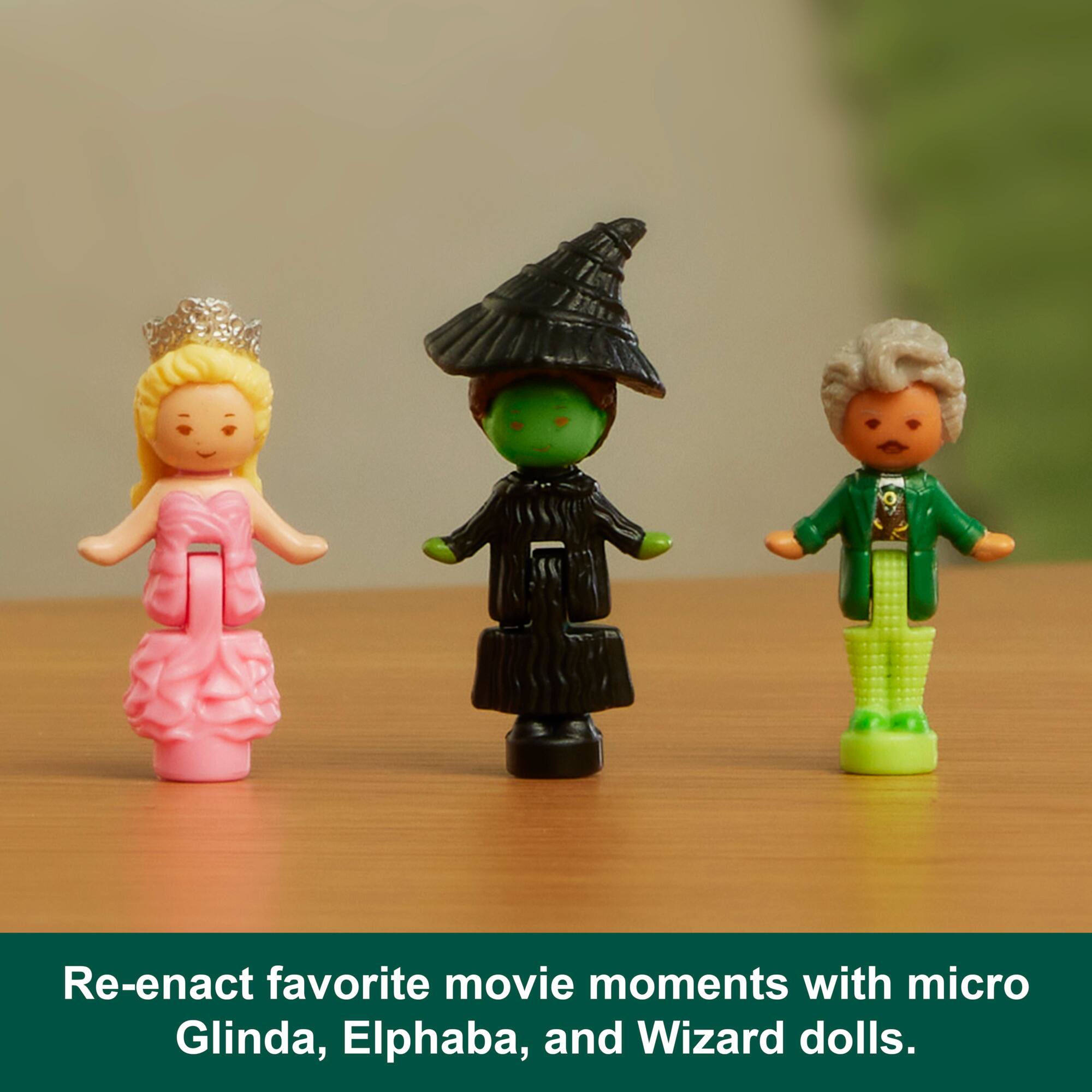 Re-enact favorite movie moments with micro Glinda, Elphaba, and Wizard dolls.