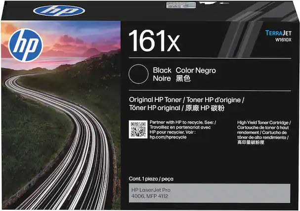 Lp hp FA0 2 161x Black Color Negro Noire TERRAJET W1610X Original HP Toner / Toner HP d'origine / Toner HP original / HP Partner with HP to recycle. See: / Travaillez en partenariat avec HP pour recycler. Voir: hp.com/hprecycle High Yield Toner Cartridge Cartouche de toner haut rendement / Cartucho de tóner de alto rendimiento / Cont. 1 pieza / pea HP LaserJet Pro 4006, MFP 4112