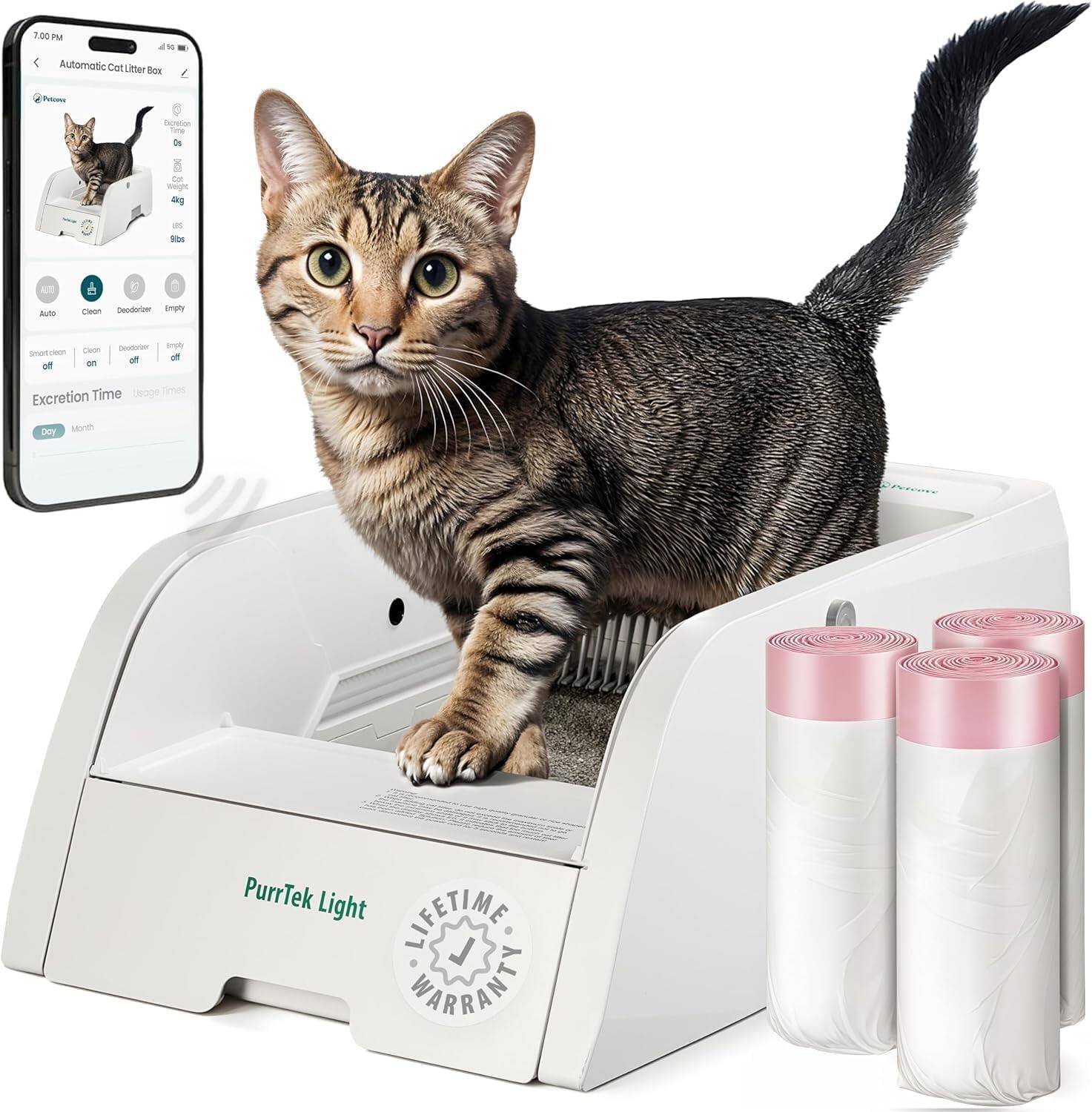 7.00 PM  
Automatic Cat Litter Box  
PurTek Light  
LIFETIME WARRANTY  

- Smart clean: on  
- Deodorizer: on  
- Empty: off  

Excretion Time  
Day  
Month  

- Auto  
- Clean  
- Deodorizer  
- Empty  

- 55%  
- 0s  
- 46g  
- 4 lbs
