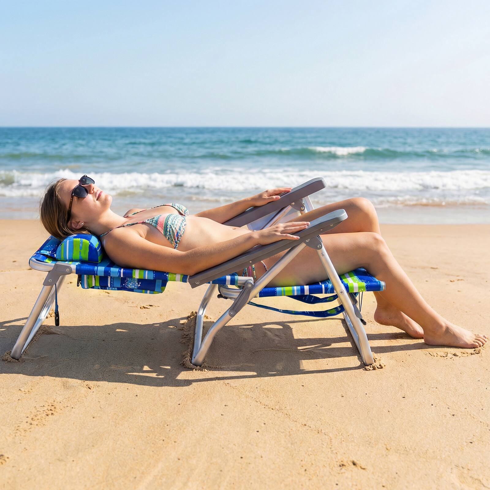 Alt View 3. Costway - Costway 2PCS Beach Chairs with 5-Position Backrest & Padded Headrest, Cup Holder & Ice Bag - Blue Stripe.