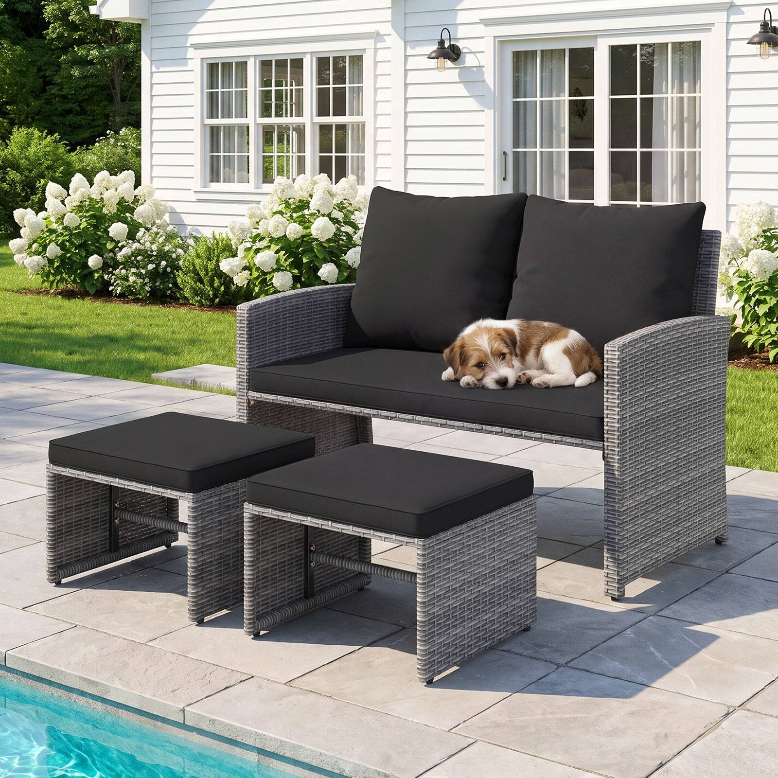 Costway - Outdoor Loveseat with Ottomans, 3 Pieces Patio PE Wicker Furniture Set with Cushions - Mix Gray + Black