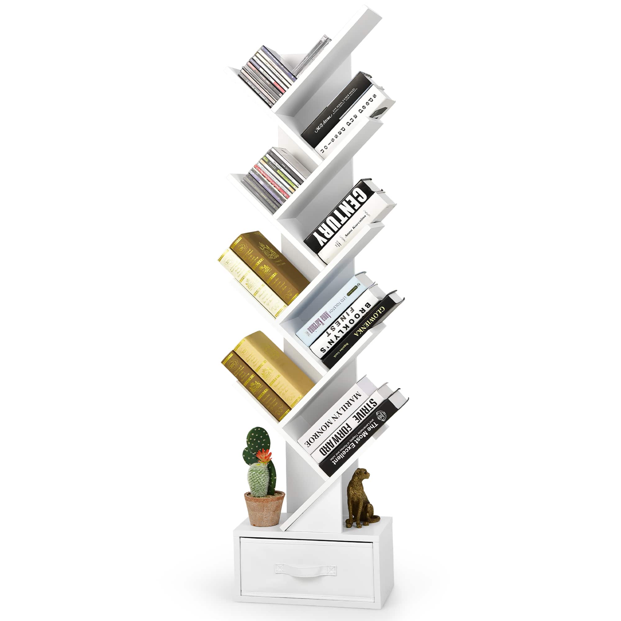 Costway - 10-tier Tree Bookshelf with Drawer Free-standing Bookcase Storage Shelf - White