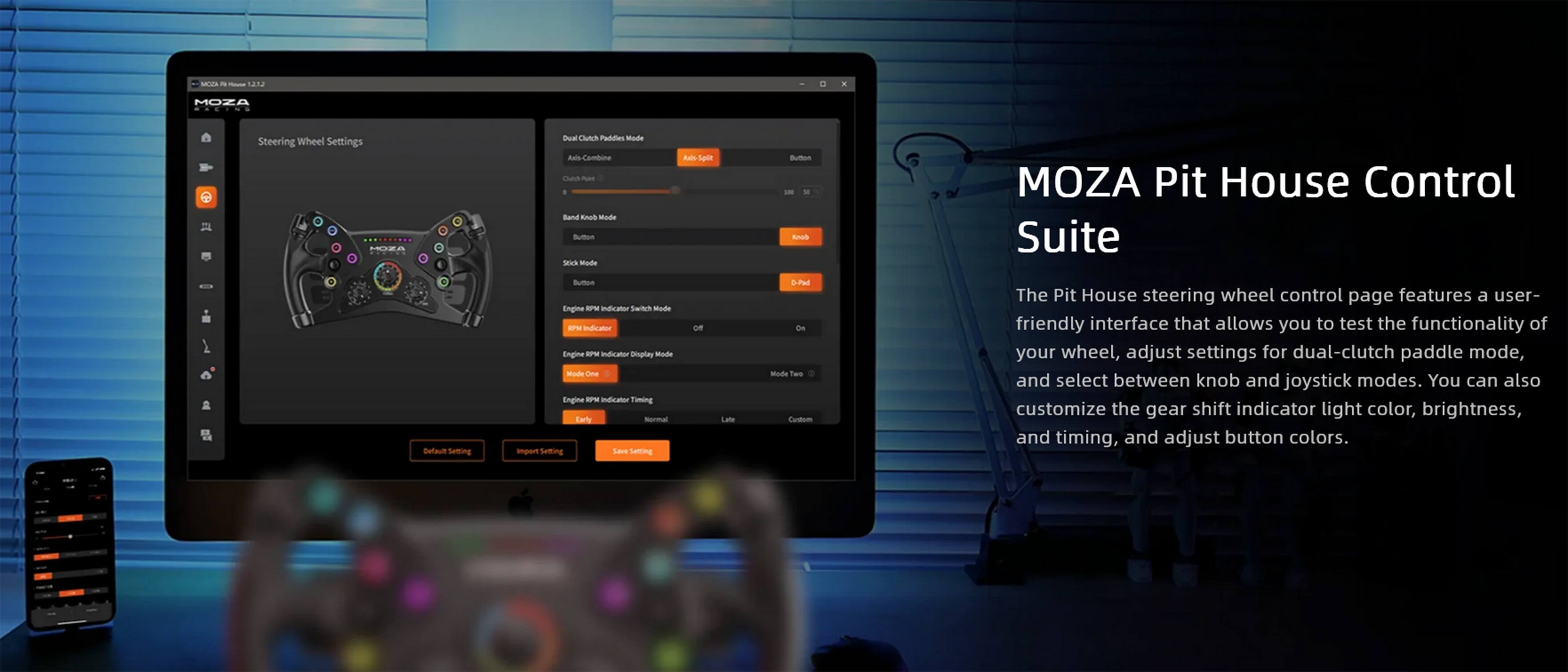 MOZA Pit House Control Suite

The Pit House steering wheel control page features a user-friendly interface that allows you to test the functionality of your wheel, adjust settings for dual-clutch paddle mode, and select between knob and joystick modes. You can also customize the gear shift indicator light color, brightness, and timing, and adjust button colors.
