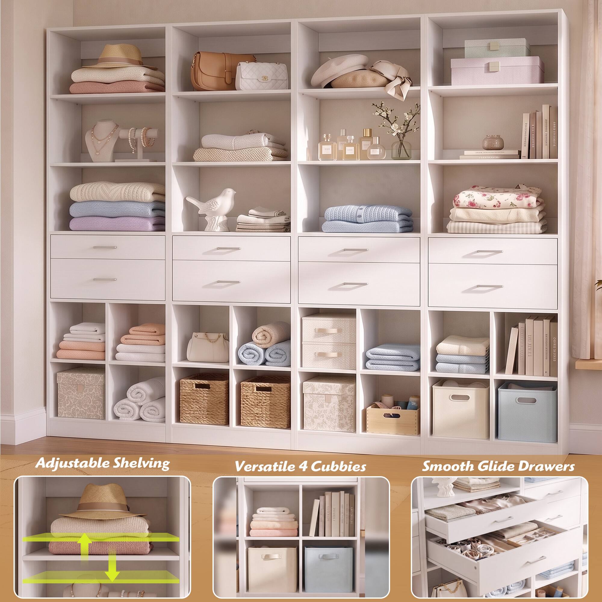 Adjustable Shelving  
Versatile 4 Cubbies  
Smooth Glide Drawers