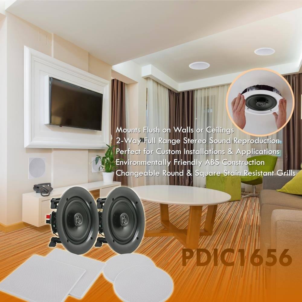 Mounts Flush on Walls or Ceilings  
2-Way Full Range Stereo Sound Reproduction  
Perfect for Custom Installations & Applications  
Environmentally Friendly ABS Construction  
Changeable Round & Square Stain Resistant Grills  

PDIC1656
