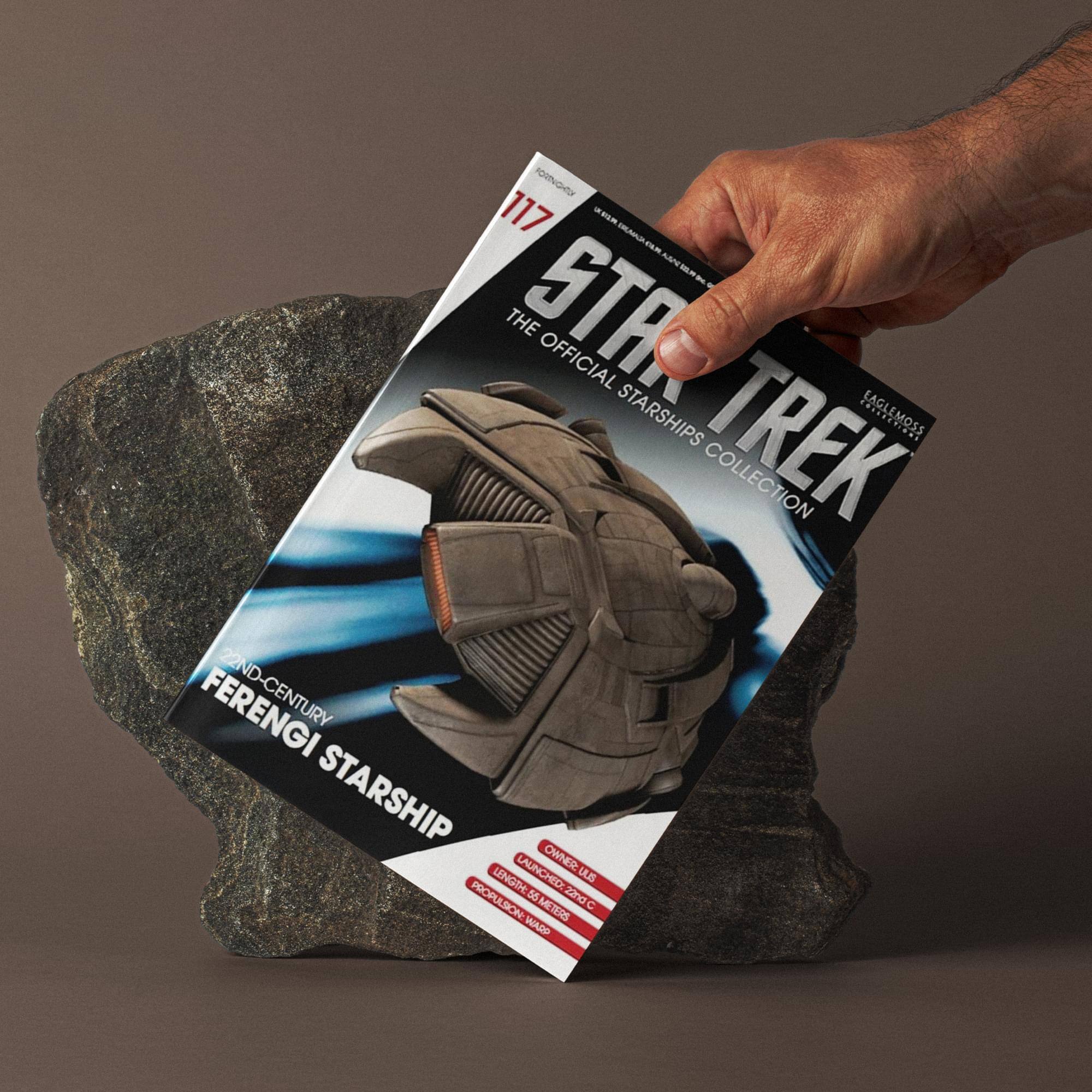 FORNHT 117 - AE - THE OFFICIAL STARSHIPS LAGLEMOSS COLLECTION TREK FERENGI STARSHIP OWNER LENGTH LAUNCHED: 22nd CULES PROPULSION: NGTH: 56-METERS 56 z2nd METERS C WADP