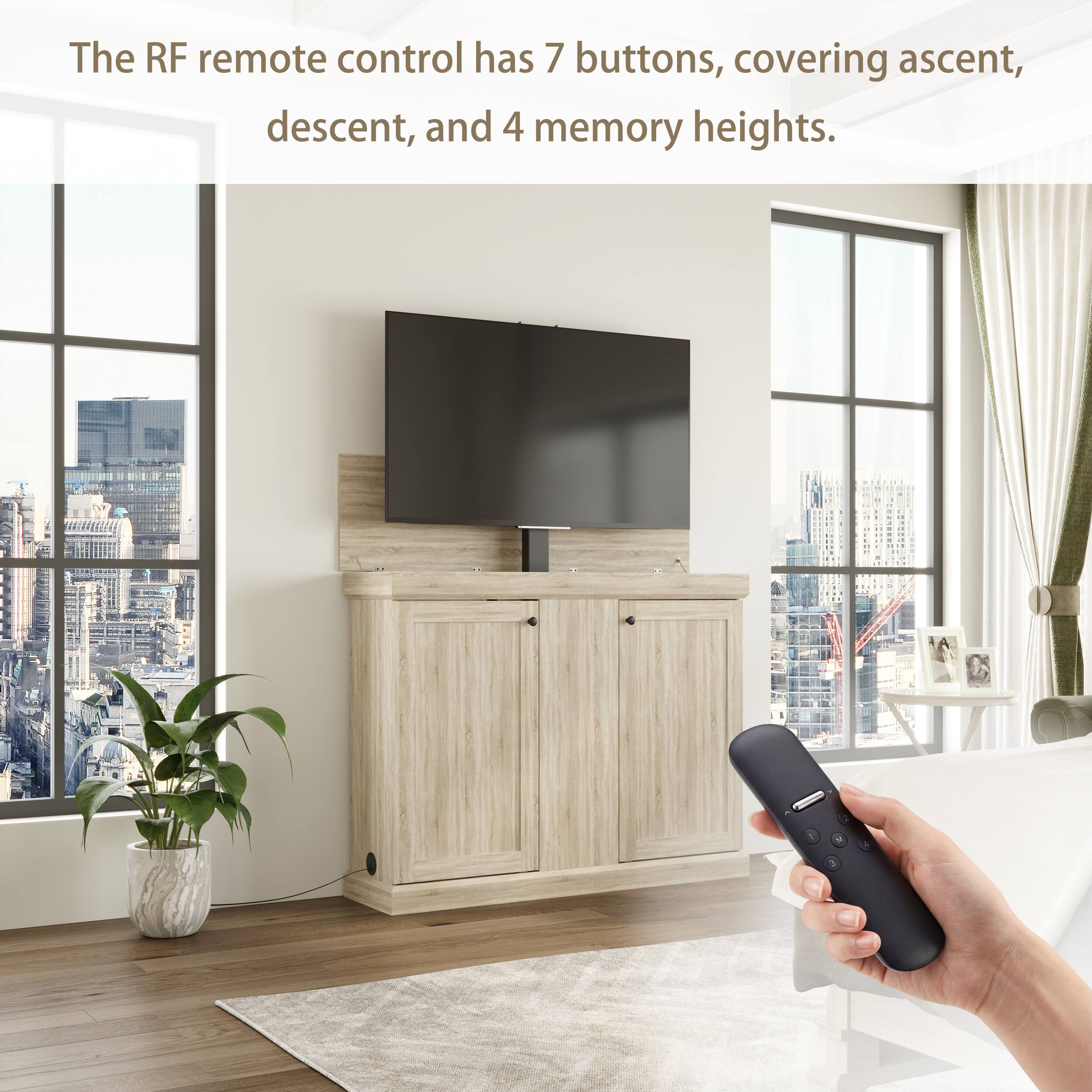 The RF remote control has 7 buttons, covering ascent, descent, and 4 memory heights.