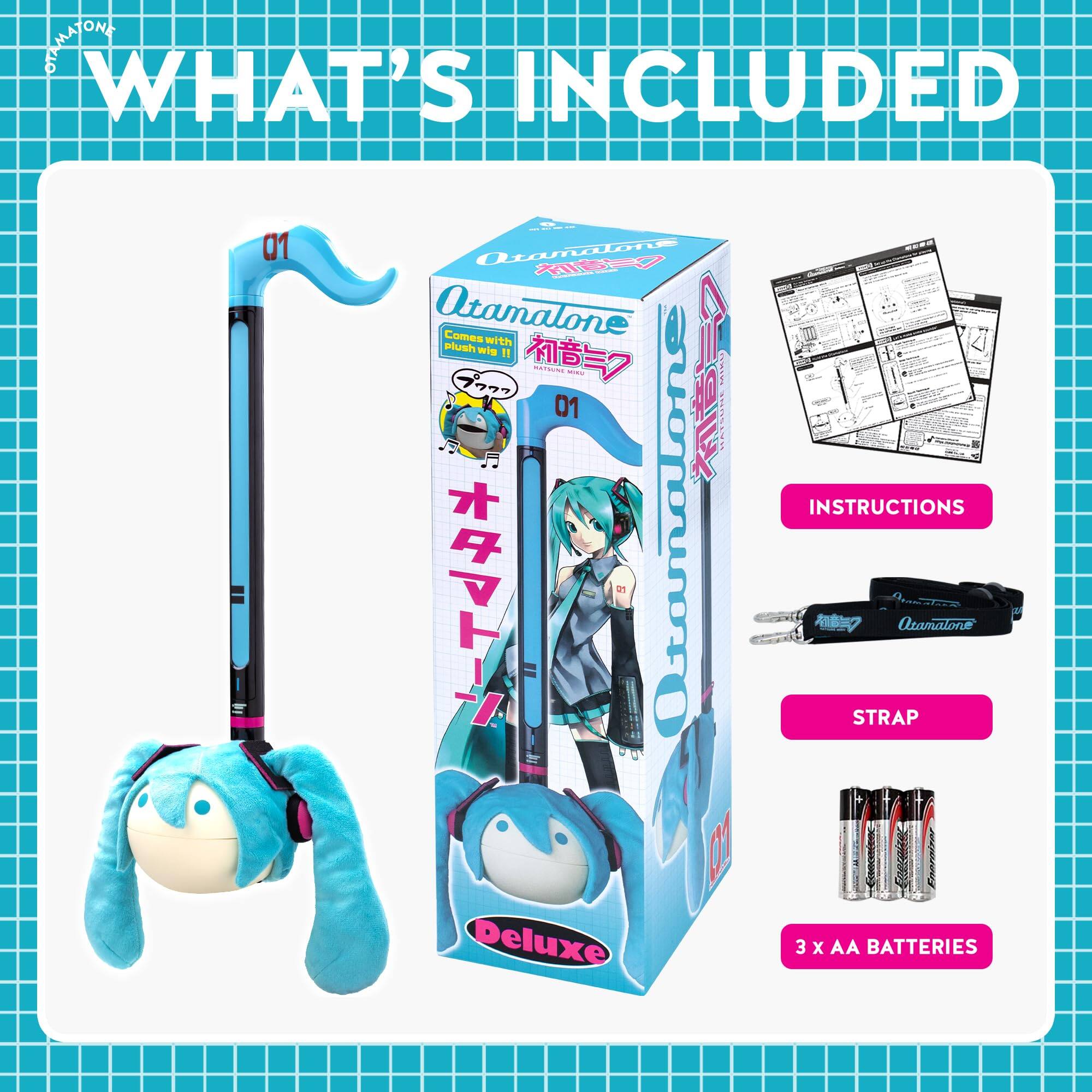 ONE DIAMATON  
WHAT'S INCLUDED  
01 Utamalone  
Comes with plush wii II  
01 ANIMAL INSTRUCTIONS  
Otamatone  
STRAP  
Atamatoros m Deluxe  
3 x AA BATTERIES