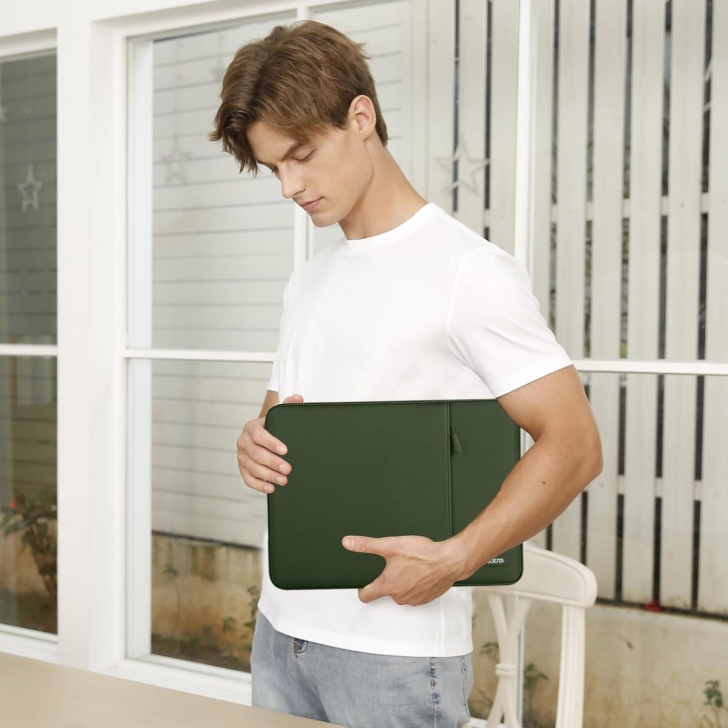 Alt View 1. mosiso - 15 inch Laptop Sleeve with Pocket, Polyester Vertical Case for MacBook Air 15 inch M5 M4 M3 M2, Acer Dell XPS Lenovo - Army Green.