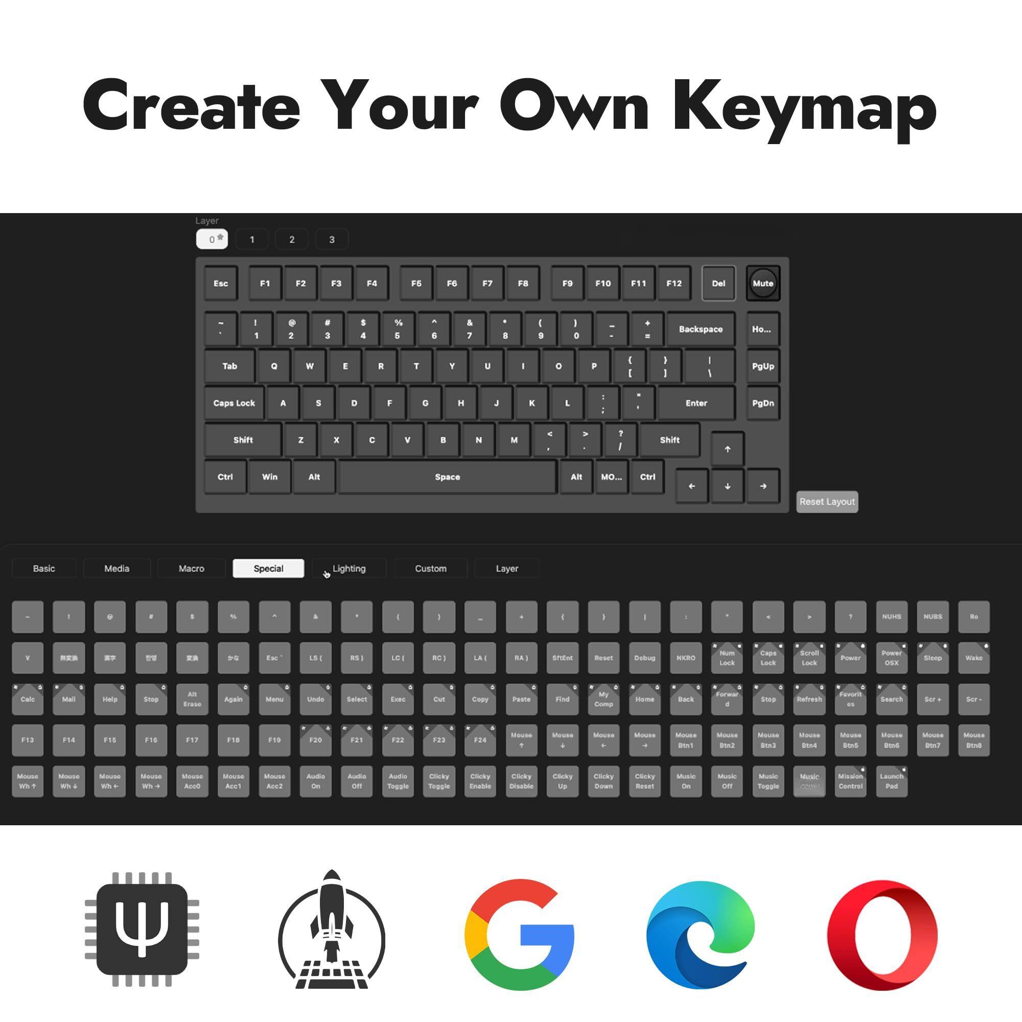 Create Your Own Keymap

Layer 0

Esc F1 F2 F3 F4 F5 F6 F7 F8 F9 F10 F11 F12 Del Mute

1 2 3 4 5 6 7 8 9 0 - = Backspace Ho...

Tab Q W E R T Y U I O P [ ] \

Caps Lock A S D F G H J K L ; ' Enter

Shift Z X C V B N M , . / Shift

Ctrl Win Alt Space

PgUp PgDn

Basic Media Macro Special Lighting Custom Layer

Reset Layout

Mouse Wh+ Mouse Wh- Mouse Wh+ Mouse Wh- Mouse Wh+ Mouse Wh- Audio On Audio Toggle Clicky Toggle Clicky Enable

Ctrl Alt MO... PgUp PgDn

RA1 Strinf Reset Debug HKRO Lock Lock Power OSx Pause Wake

RA2 RA3 RA4 RA5 RA6 RA7 RA8 RA9 RA10 RA11 RA12

Find My Coins Home Back Forward Refresh Forward Search Scr- Scr-

Music1 Music2 Music3 Music4 Music5 Music6 Music7 Music8 Music9 Music10 Music Central Launch Pad

Clicky Up Clicky