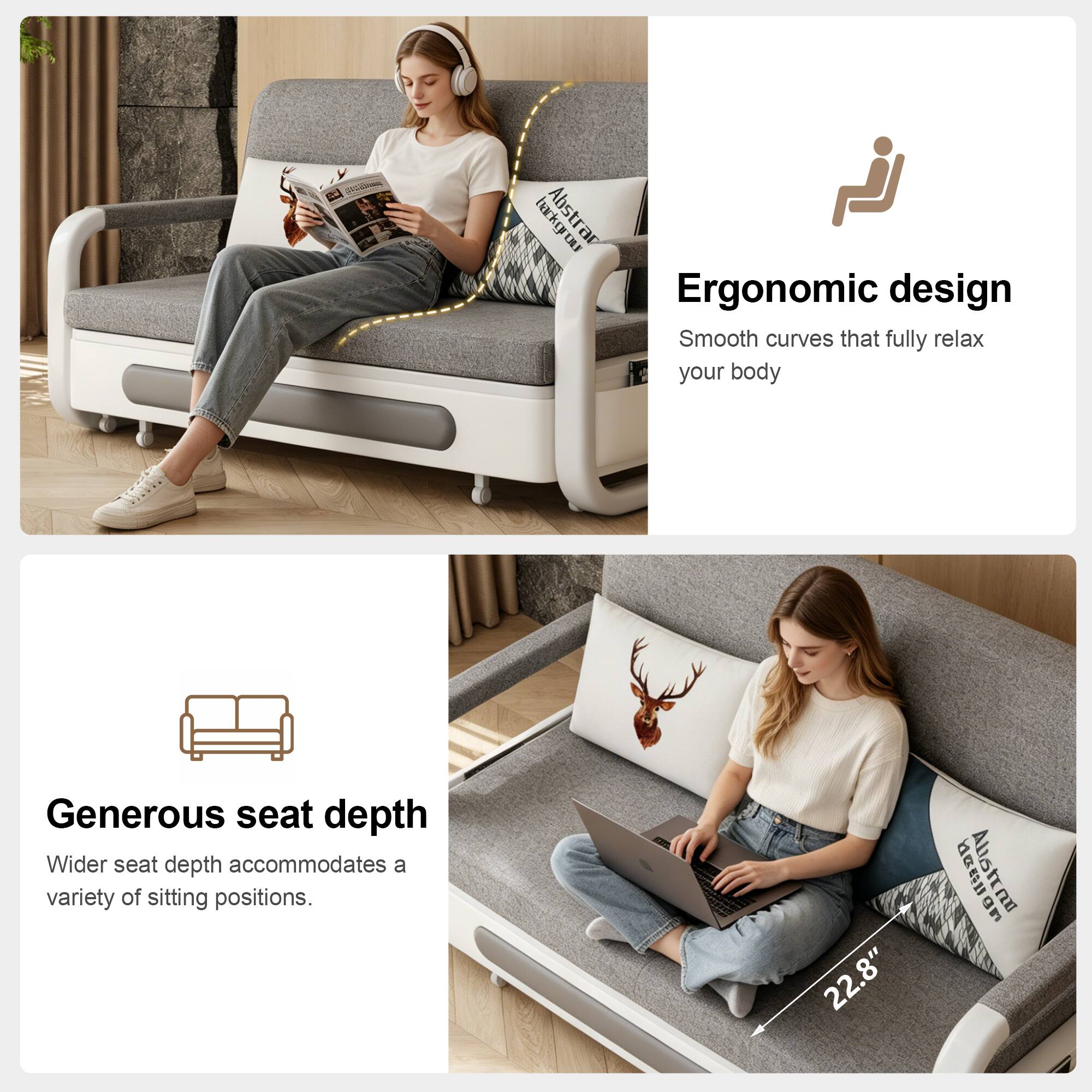 Ergonomic design  
Smooth curves that fully relax your body  

Generous seat depth  
Wider seat depth accommodates a variety of sitting positions.  

22.8"