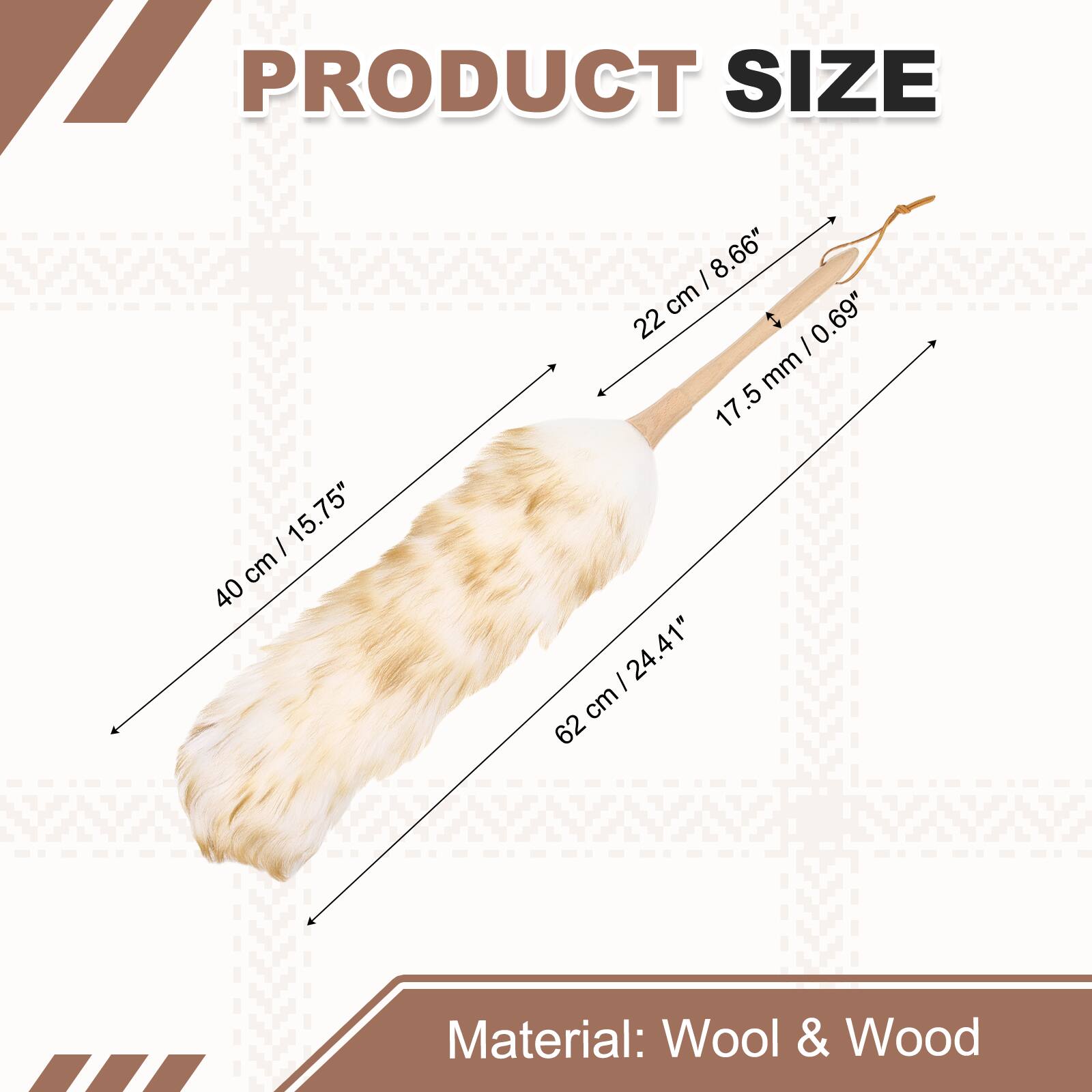 PRODUCT SIZE  
40 cm / 15.75"  
22 cm / 8.66"  
62 cm / 24.41"  
17.5 mm / 0.69"  

Material: Wool & Wood