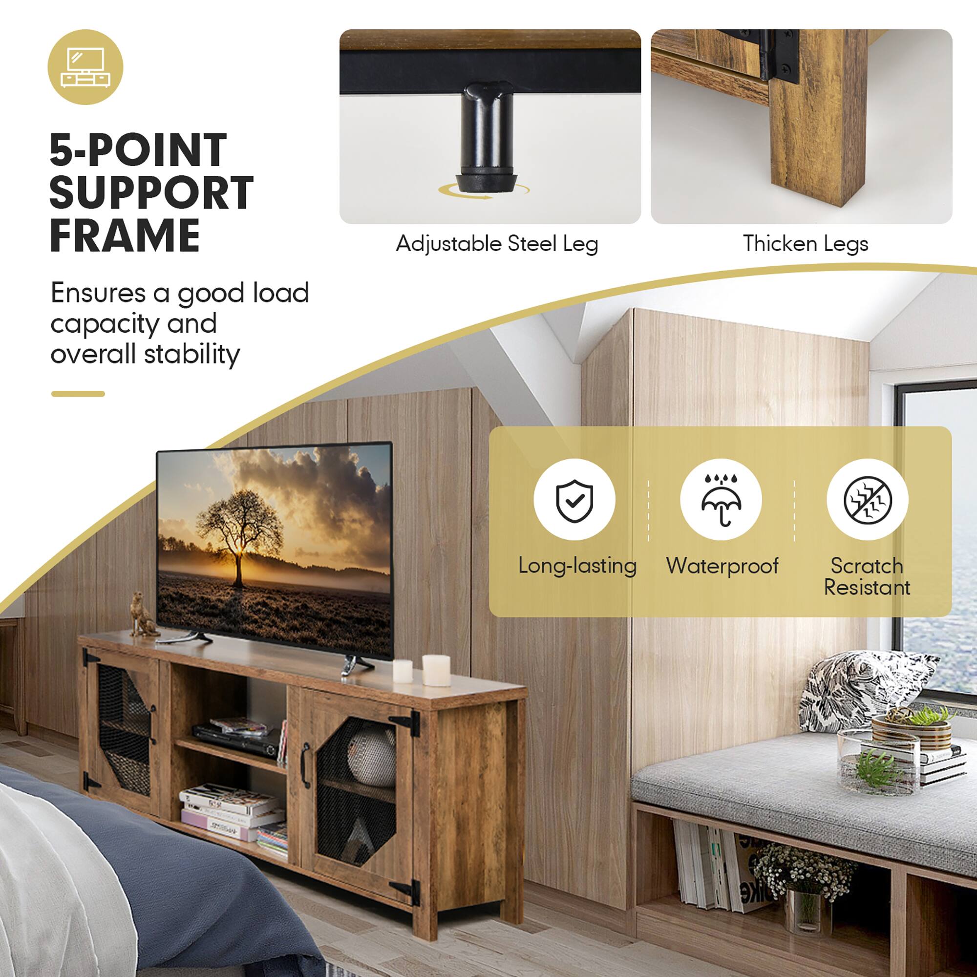 5-Point Support Frame: Ensures good load capacity and overall stability. Adjustable Steel Legs: Thicken Legs for long-lasting waterproof and scratch-resistant durability.