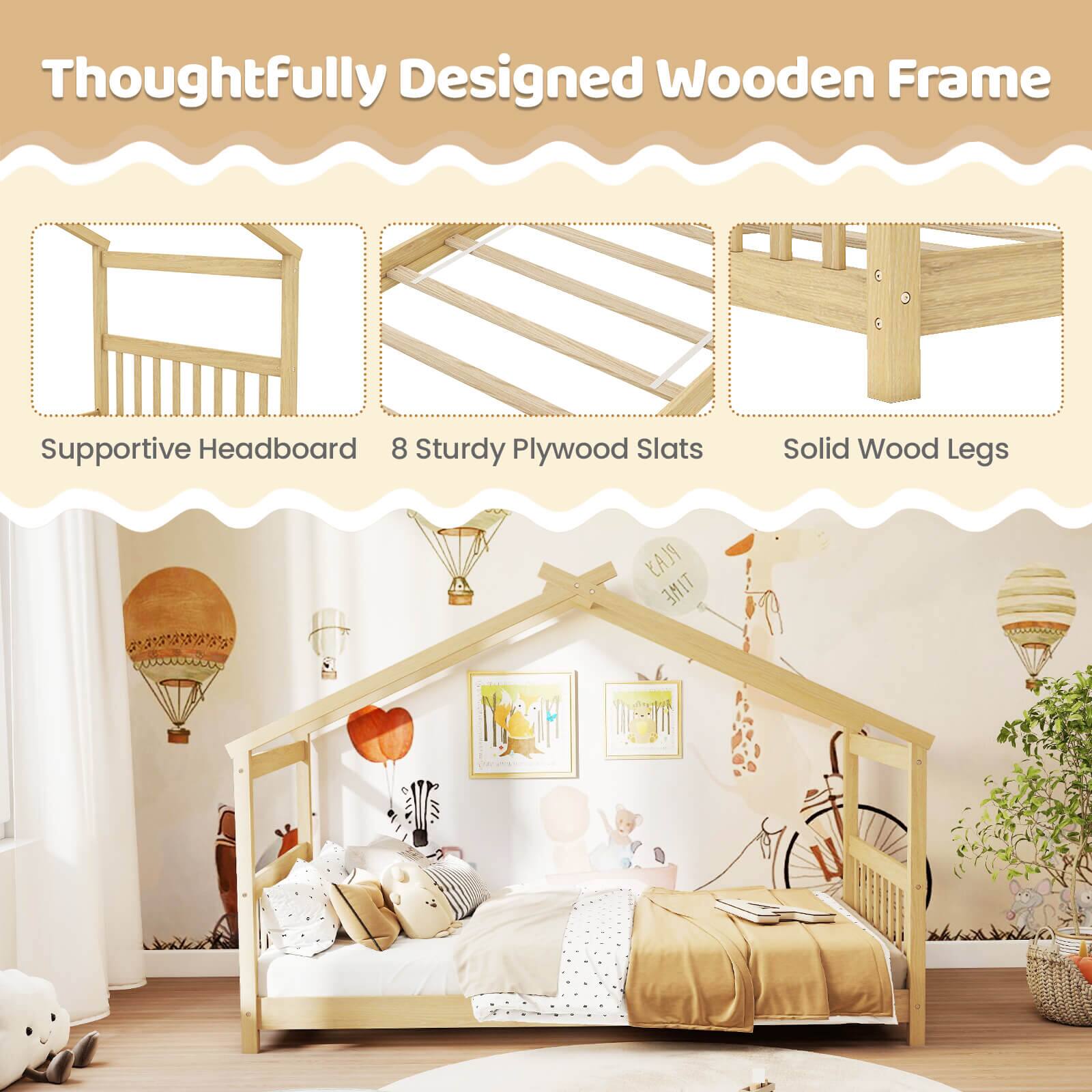 Thoughtfully Designed Wooden Frame

Supportive Headboard  
8 Sturdy Plywood Slats  
Solid Wood Legs