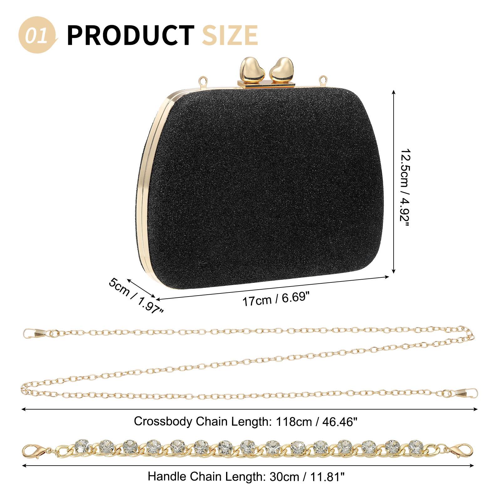 01 PRODUCT SIZE

- Width: 12.5cm / 4.92"
- Height: 5cm / 1.97"
- Depth: 17cm / 6.69"

Crossbody Chain Length: 118cm / 46.46"

Handle Chain Length: 30cm / 11.81"