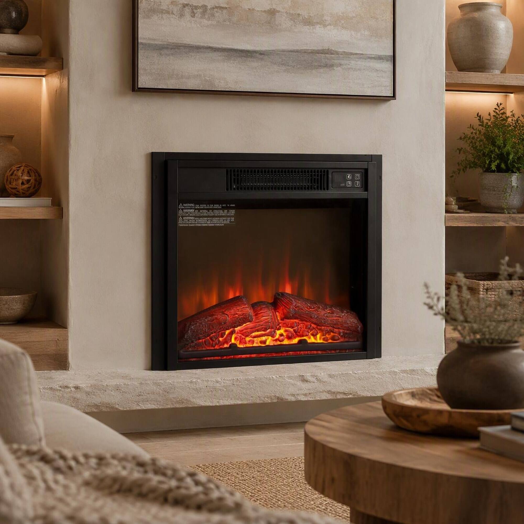 Back. RYHNUYNE - 18 Inch Black Ultra Thin Electric Fireplace Insert Heater, 1400W Realistic Log Flame Remote Control For Home - Black.