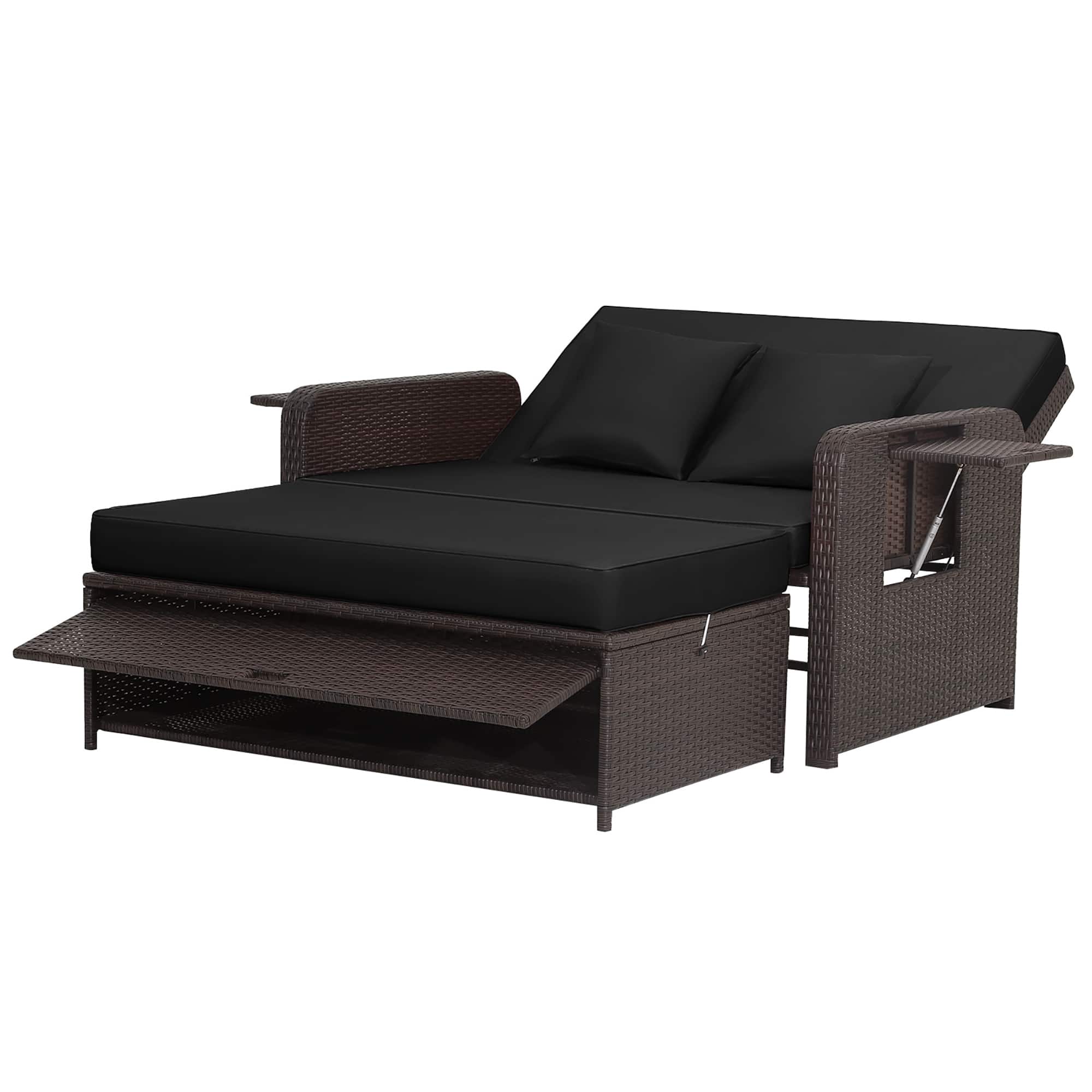 Gymax - Rattan Loveseat Set Daybed Lounge Storage Ottoman Side Tables Adjust Patio - Black