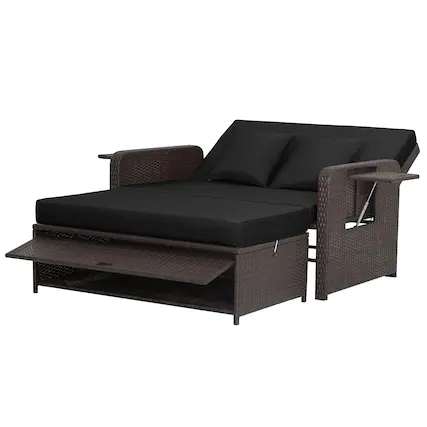 Front. Gymax - Gymax Rattan Loveseat Set Daybed Lounge Storage Ottoman Side Tables Adjust Patio Black - Black.