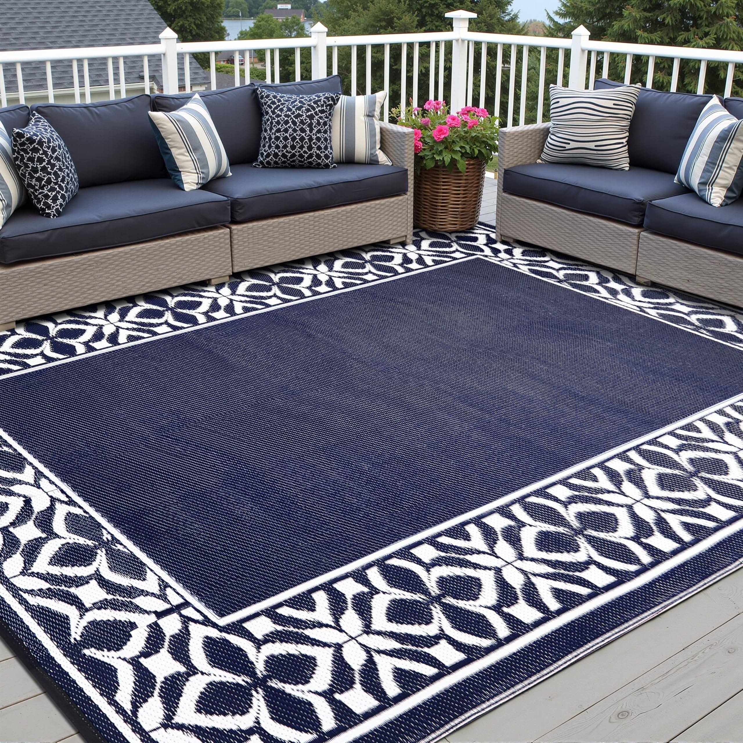 Alt View 5. Reds Spade - Outdoor Plastic Straw Rug Navy Large Outside Waterproof Patio Carpet Geometric Reversible Mat Modern For Ca... - Geo | Navy Blue-5' x 8' (Rectangular).