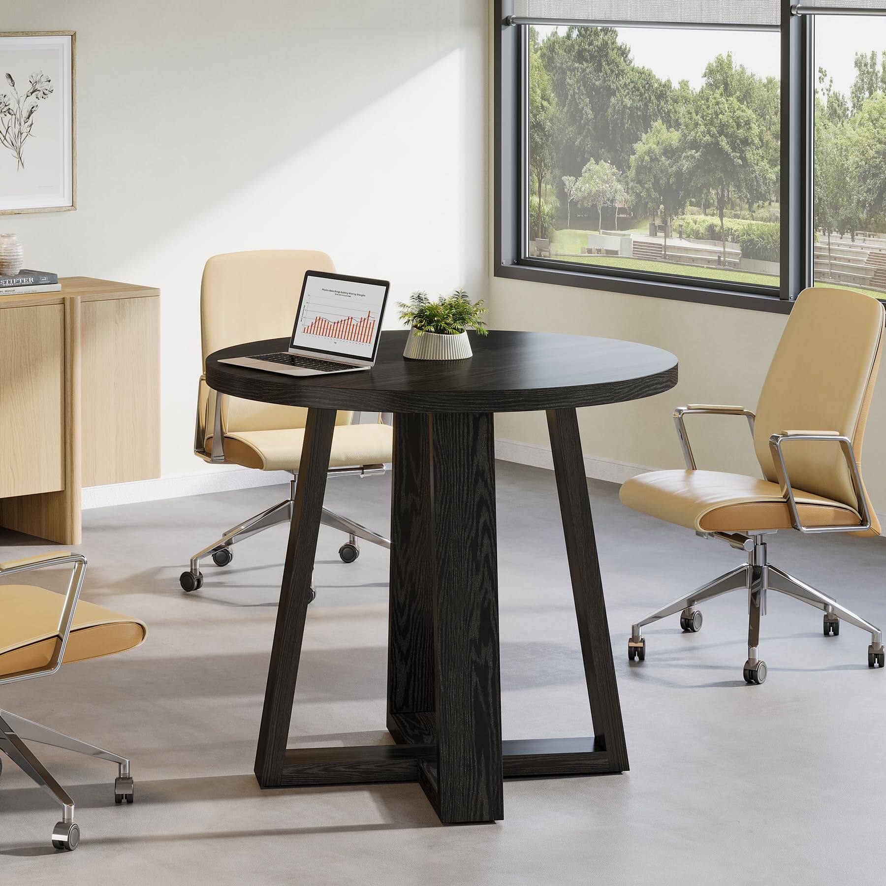 Back. Tribesigns - 31.5-Inch Round Conference Table with Sturdy Wood Base for Small Office Meeting Rooms - Black.