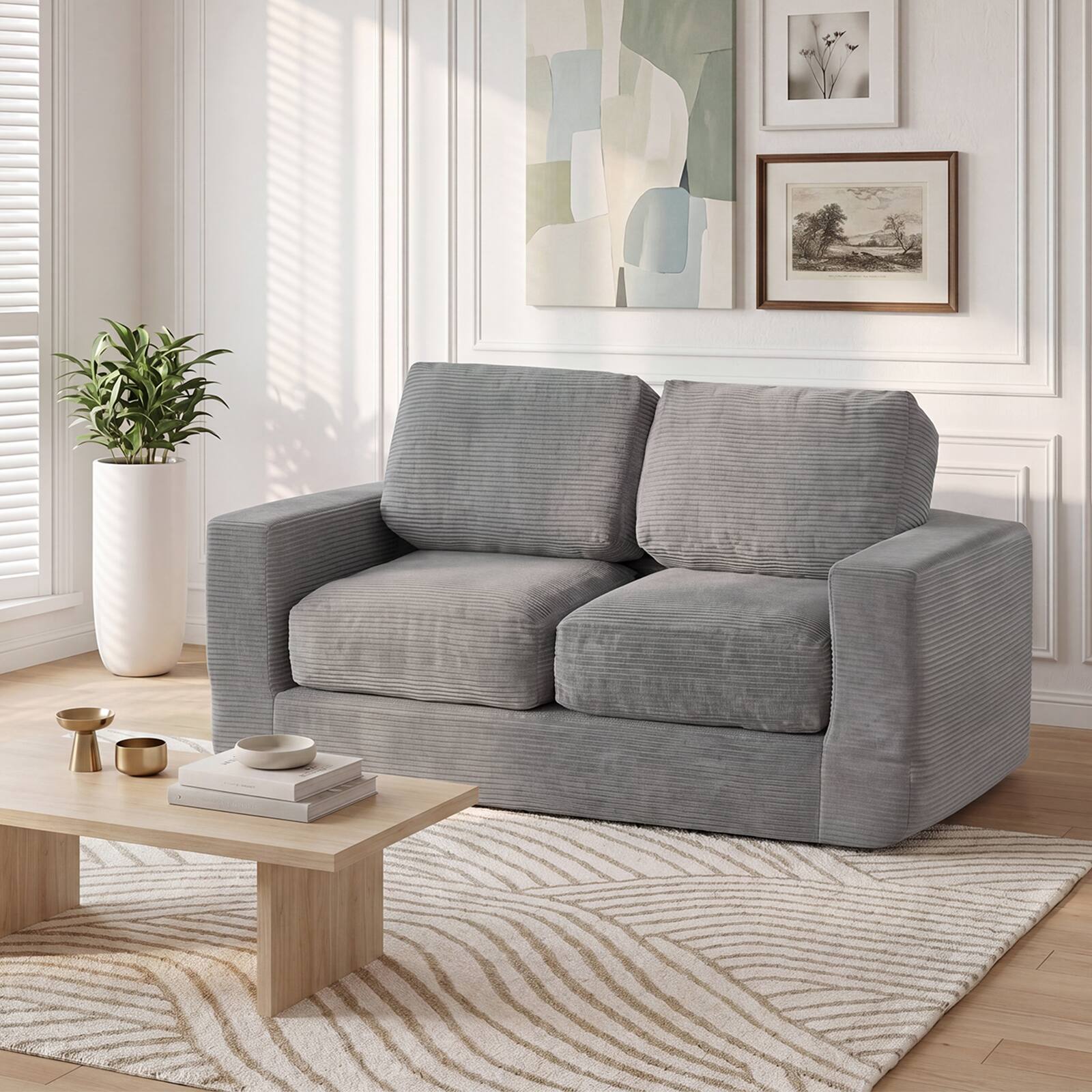 Alt View 4. Costway - Costway Floor Couch, Loveseat Foam Sofa with Removable Corduroy Cover, Back & Seat Cushions - Gray.