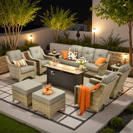 Ovios - 10 PCS Patio Furniture Set, High Back Sofa with Swivel Chair, Coffee Table & 54" Fire Pit Table - Dark Gray