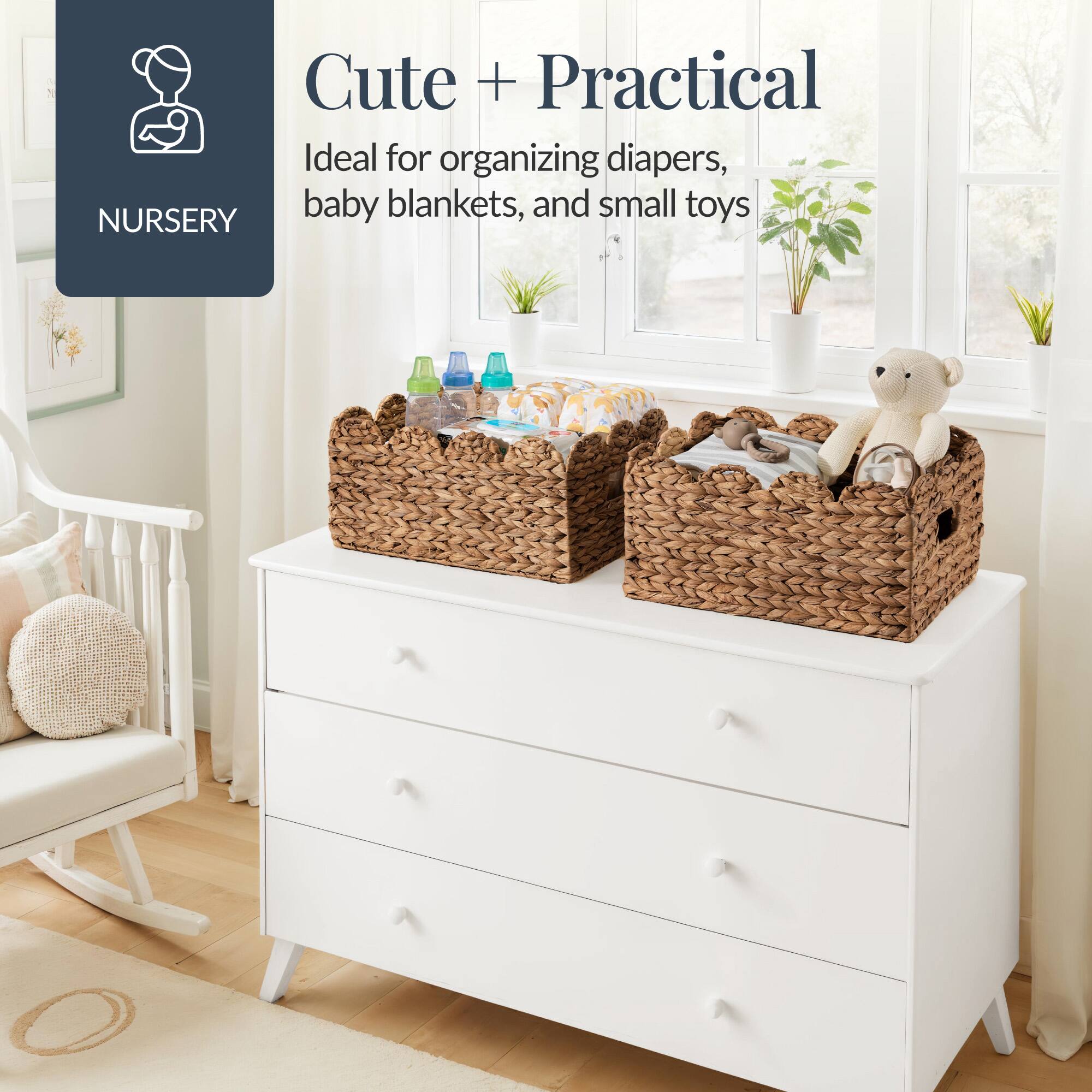 Cute + Practical  
Ideal for organizing diapers, baby blankets, and small toys  
NURSERY