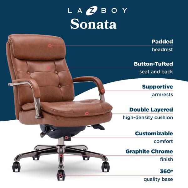 LAZ BOY Sonata

- Padded headrest
- Button-Tufted seat and back
- Supportive armrests
- Double Layered high-density cushion
- Customizable comfort
- Graphite Chrome finish
- 360° quality base