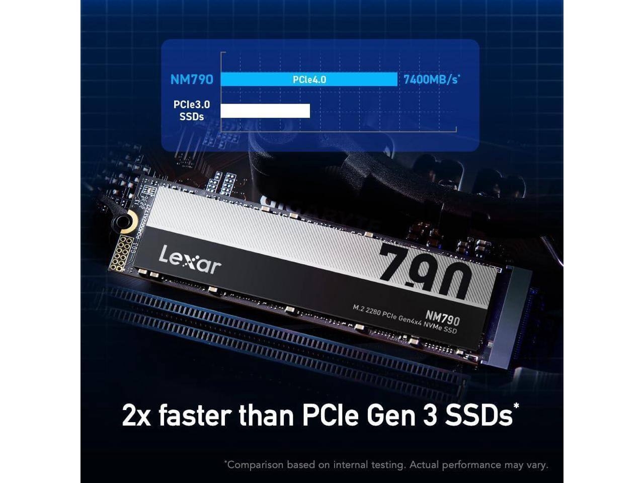 NM790 PCle4.0 7400MB/s PCle3.0 SSDs POHRZAEZZT T05 .O... Lexar ar 790 M.2 2280 PCle NM790 Gen4x4 NVMe SSD 2x faster than PCle Gen 3 SSDs* *Comparison based on internal testing. Actual performance may vary.