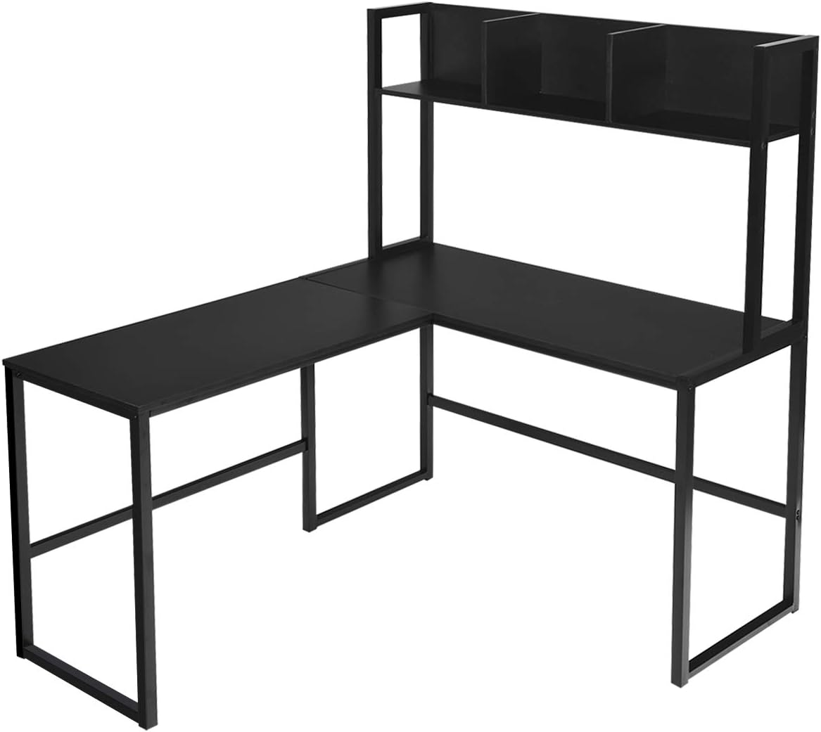 Alt View 8. Ecooso - 55 Inch L-Shaped Gaming Desk with Bookshelf, Industrial Corner Workstation for Home Office - Black.