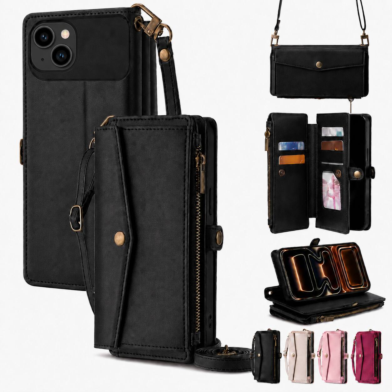 Front. Topteng - 6-in-1 Wallet Case for iPhone 15/15 Pro/15 Pro Max with Wrist & Crossbody Straps, Zipper Pocket, Card Holders - iPhone 15 Black.