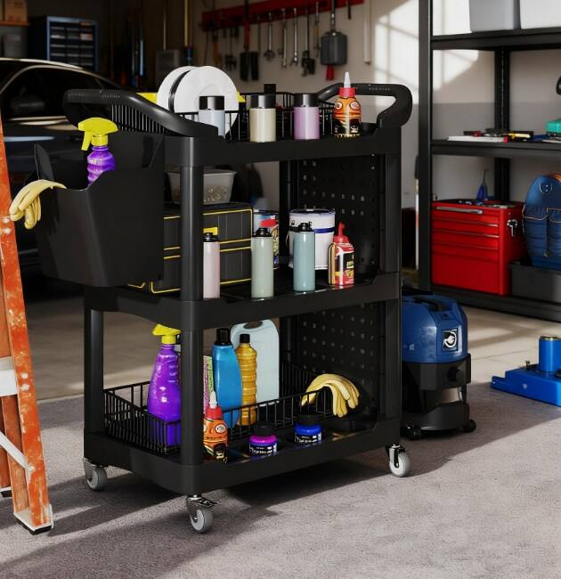Alt View 3. HOMLUX - 39.00 in. W 3-Tier Rolling Tool Cart Capacity Plastic Utility Cart with Side Shelf and Storage Bucket - Black.