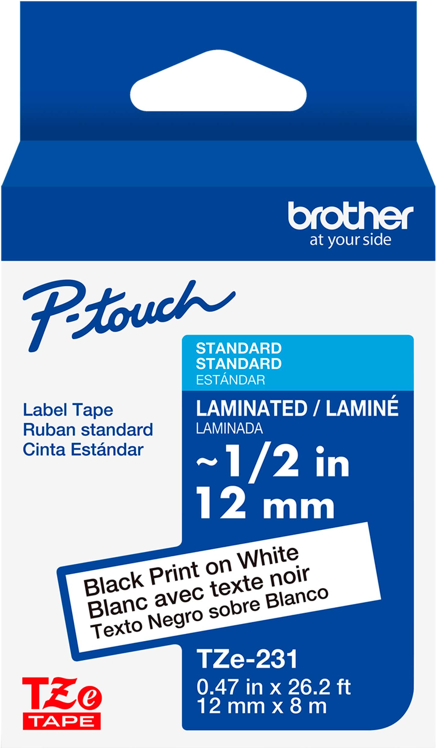 Brother - P-touch TZe-231, Black Print on White Laminated Label Tape, ~1/2in x 26.2ft (12mm x 8m), for Select P-touch Label Makers - Black on White - Front_Zoom