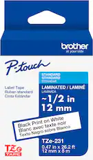 brother at your side Ptouch STANDARD STANDARD ESTNDAR Label Tape LAMINATED / LAMIN / LAMIN Ruban standard LAMINADA Cinta Estndar ~1/2 in 12 mm on White Black Print texte noir Blanc avec sobre Blanco Texto Negro TZe-231 TZe 0.47 in X 26.2 ft e 12 8 mm X m TAPE