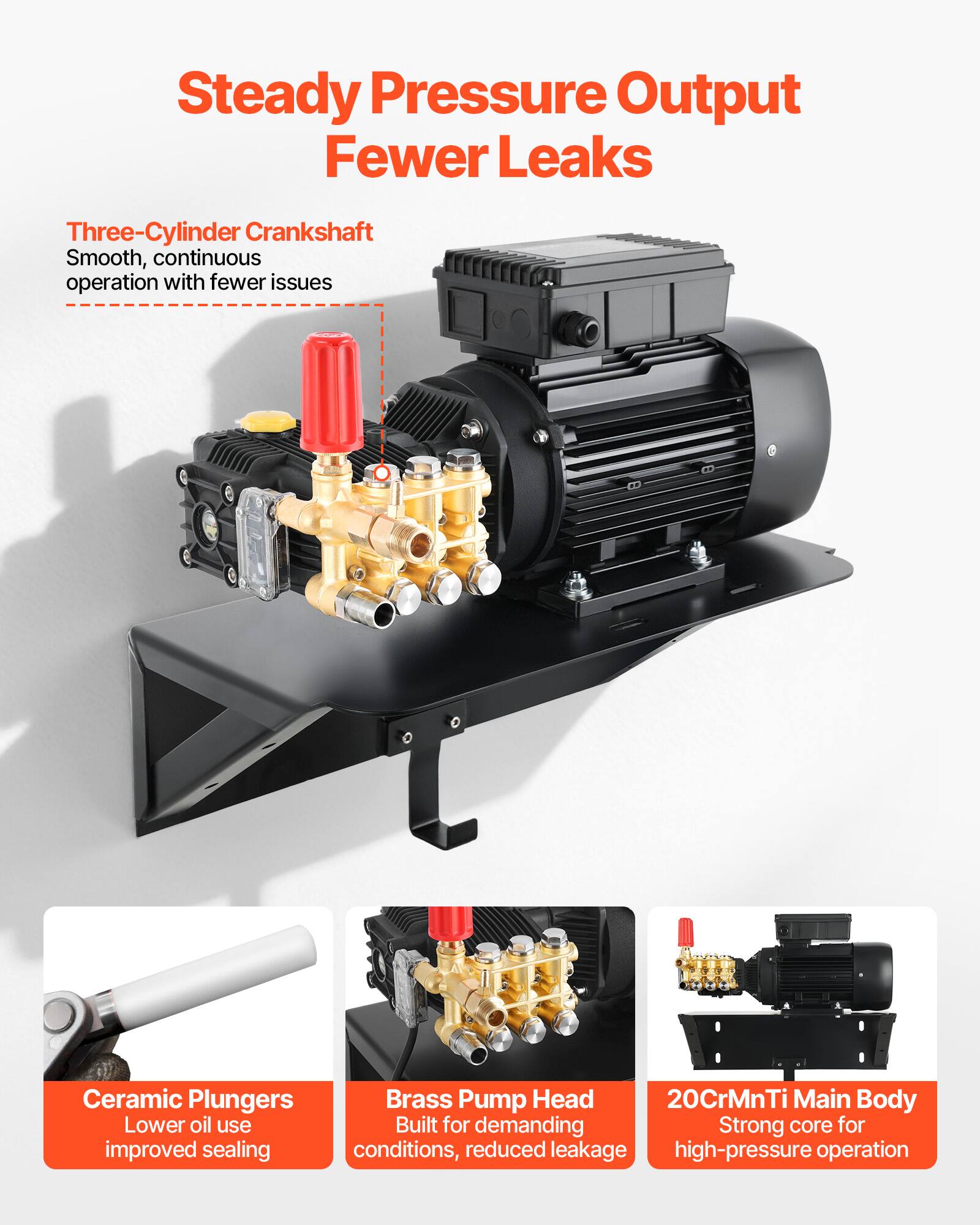 Steady Pressure Output Fewer Leaks

Three-Cylinder Crankshaft  
Smooth, continuous operation with fewer issues

Ceramic Plungers  
Lower oil use, improved sealing

Brass Pump Head  
Built for demanding conditions, reduced leakage

20CrMnTi Main Body  
Strong core for high-pressure operation