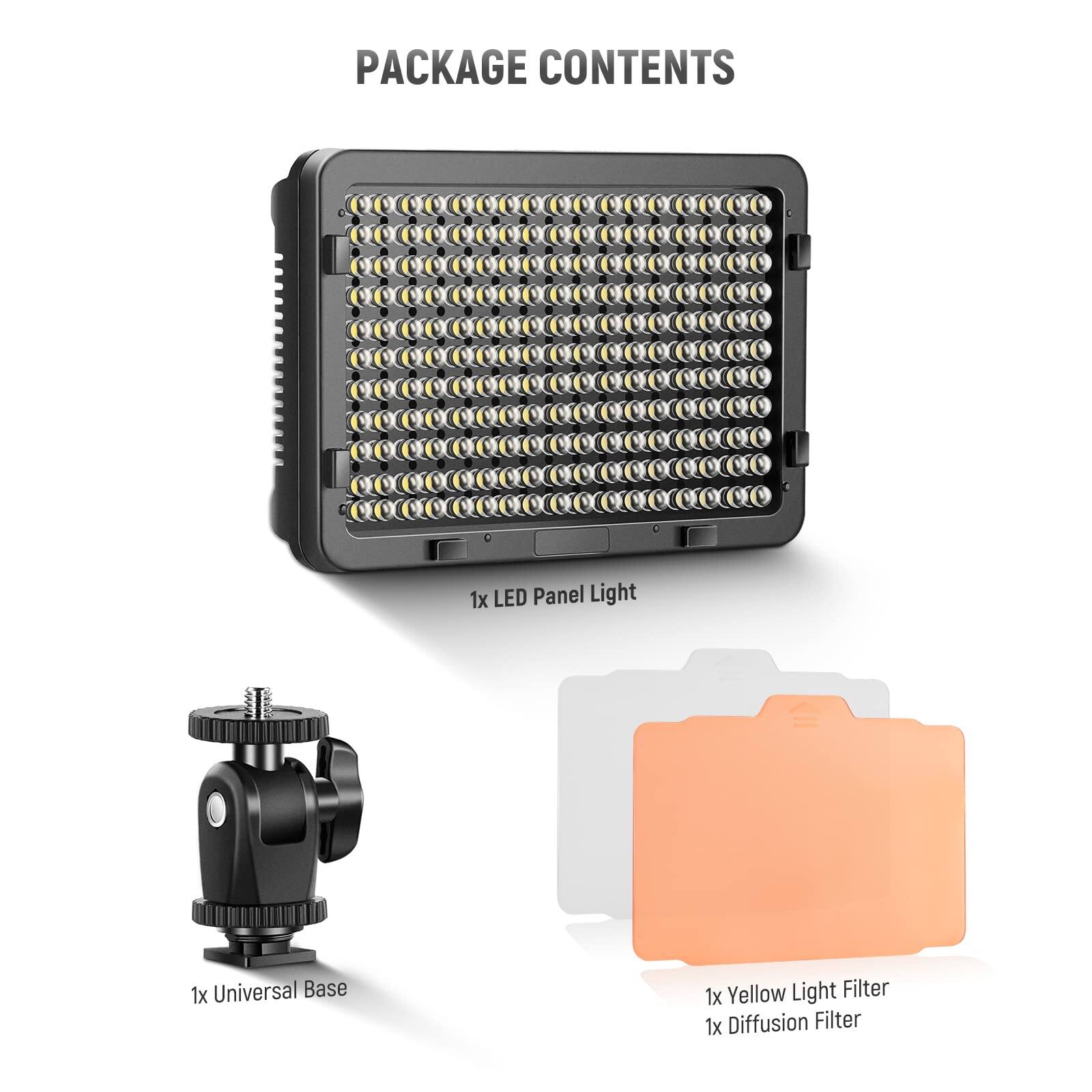 PACKAGE CONTENTS

1x LED Panel Light  
1x Universal Base  
1x Yellow Light Filter  
1x Diffusion Filter