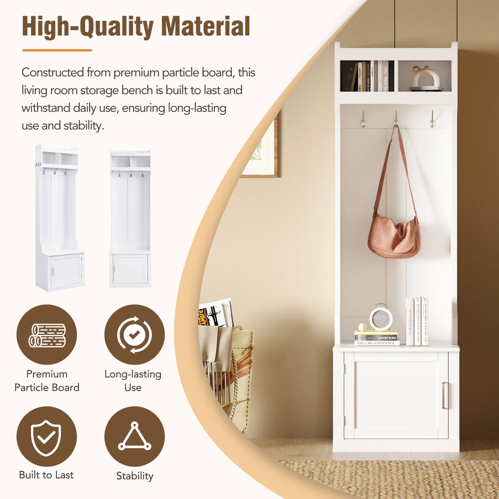 High-Quality Materials

Constructed from premium particle board, this living room storage bench is built to last and withstand daily use, ensuring long-lasting use and stability.

- Premium Particle Board
- Long-lasting Use
- Built to Last
- Stability