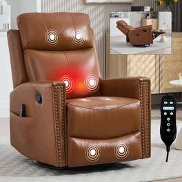 Ropilly - Genuine Leather Massage Recliner Swivel Rocker Chair with Lumbar Heat - Yellow