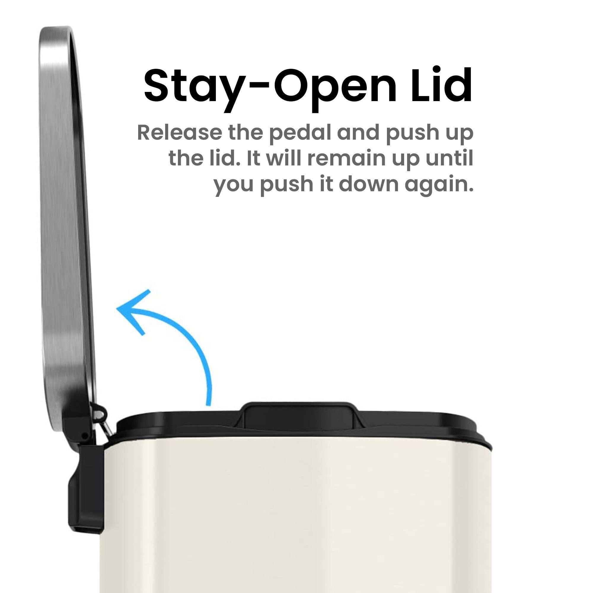 Stay-Open Lid

Release the pedal and push up the lid. It will remain up until you push it down again.