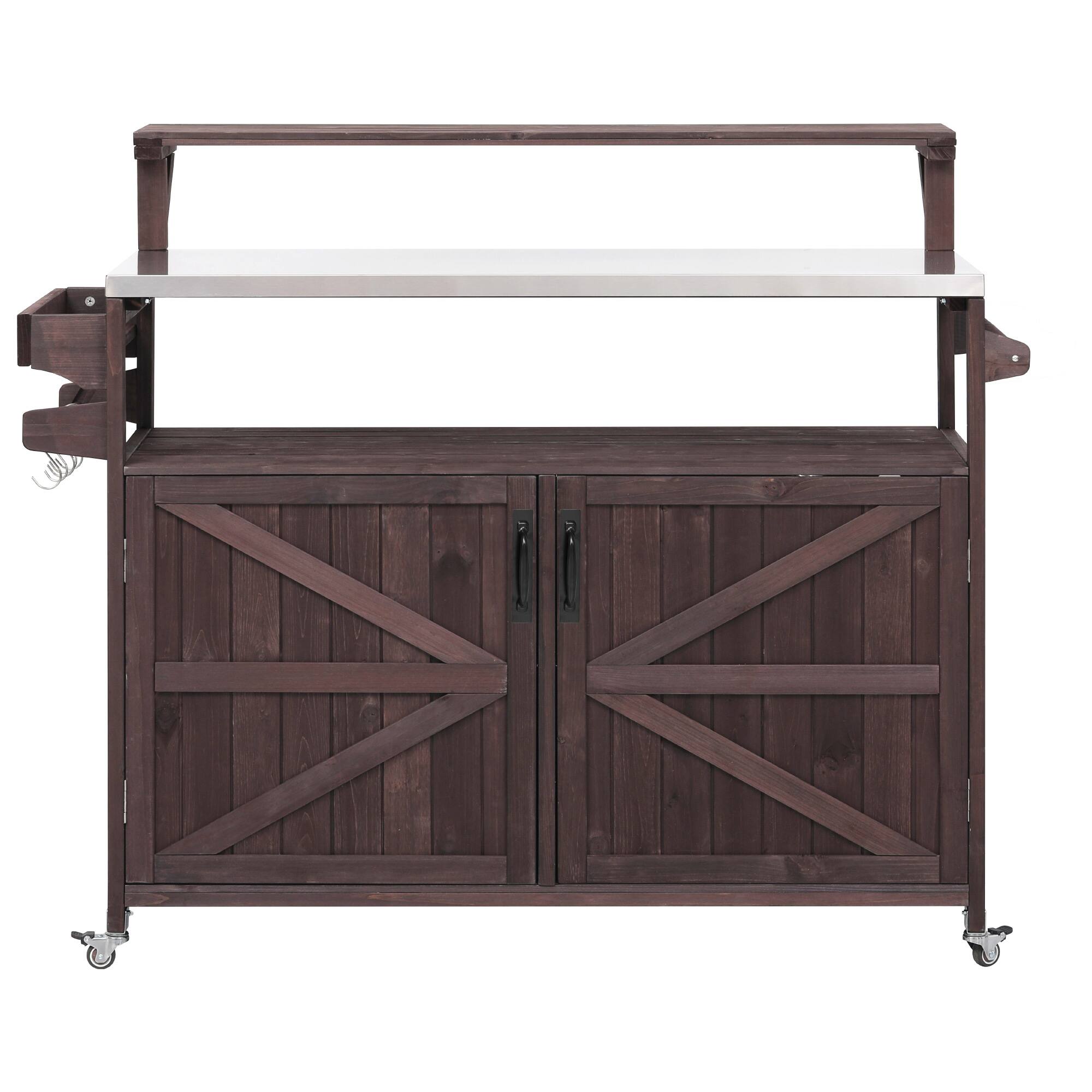 Angle. PexFix - 53.3" Outdoor Kitchen Island with Raised Shelf & Stainless Top, Wood Grill Cart with Adjustable Shelf & Spice Rack - Brown.