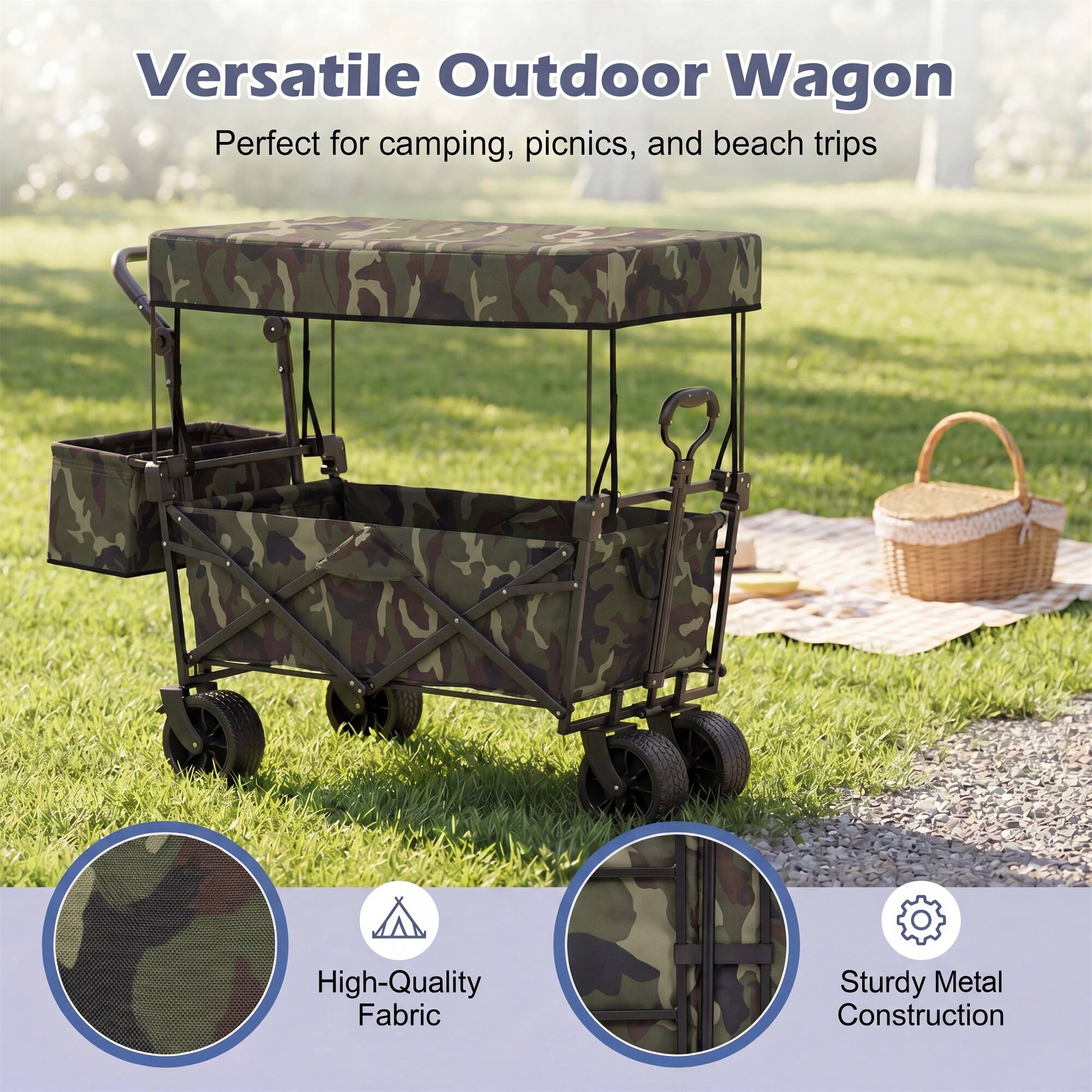 Versatile Outdoor Wagon  
Perfect for camping, picnics, and beach trips  

High-Quality Fabric  
Sturdy Metal Construction